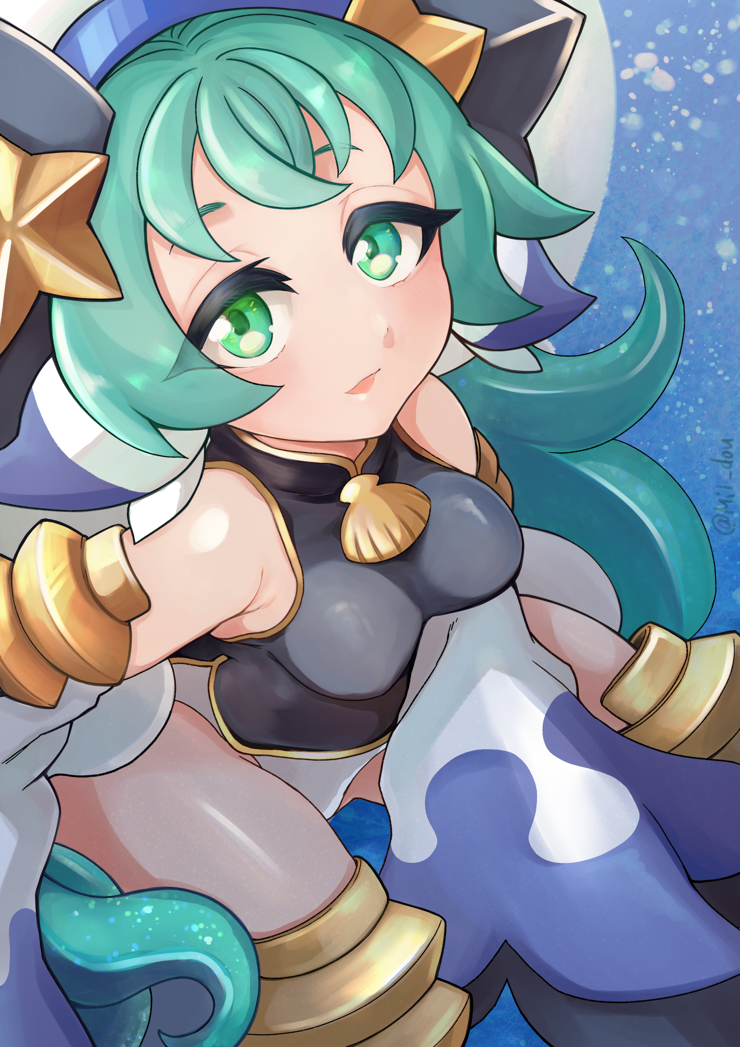 mairu dou, mitsuki (shinrabanshou), shinrabanshou, commentary request, highres, 1girl, black shirt, detached sleeves, gold trim, green eyes, green hair, hat, leotard, leotard under clothes, long hair, looking at viewer, open mouth, shirt, sleeveless, sleeveless shirt, solo, twitter username, white hat