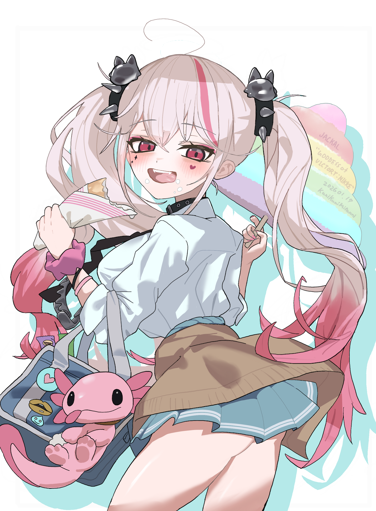 kunikuni (kunihiro2005), jackal (nikke), goddess of victory: nikke, commentary request, highres, 1girl, ahoge, black necktie, blonde hair, blue skirt, gradient hair, looking at viewer, multicolored hair, necktie, pink hair, pink streaks, red eyes, shirt, skirt, smile, solo, twintails, white shirt