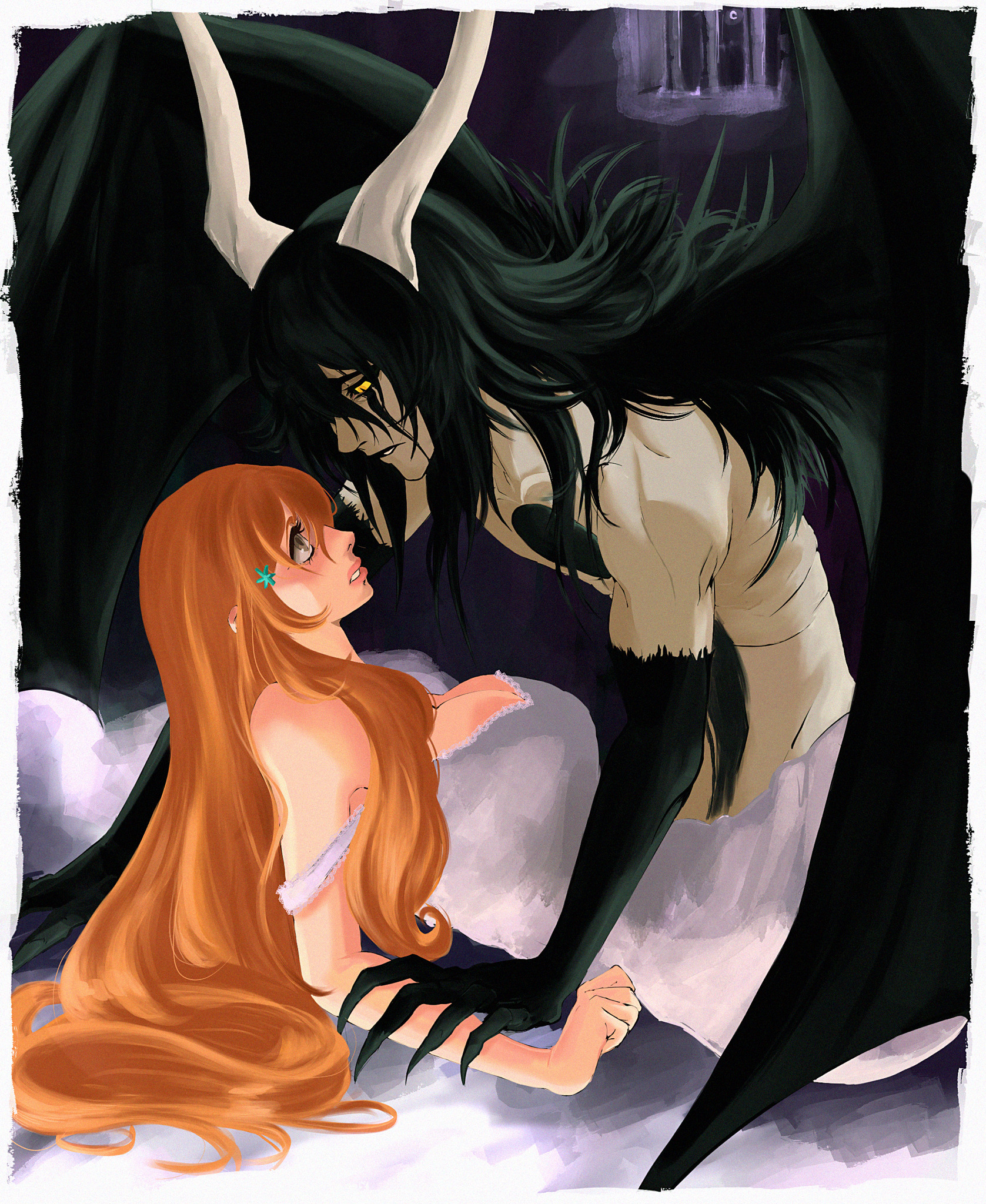 inoue orihime, ulquiorra cifer, bleach, commentary, highres, 1boy, 1girl, bat wings, black background, black hair, blush, breasts, brown eyes, chemise, claws, cleavage, couple, dress, facial mark, hair between eyes, hair ornament, hetero, himawariinee, hole in chest, hole on body, horns, large breasts, long dress, long hair, looking at another, lying, on back, on bed, orange hair, parted lips, snowflake hair ornament, spaghetti strap, topless male, white dress, wings