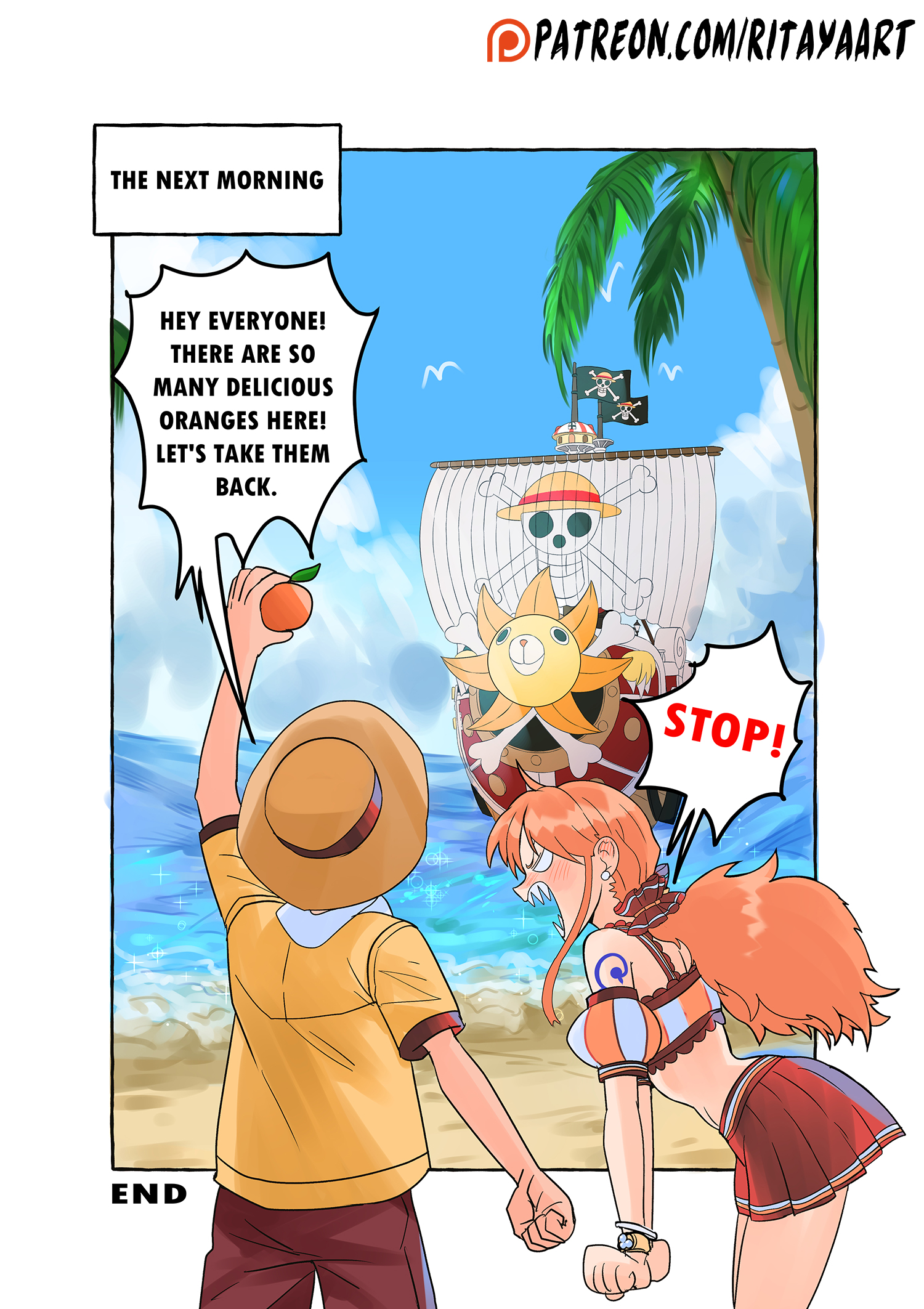 rita ya, monkey d. luffy, nami (one piece), thousand sunny, one piece, commentary, english commentary, highres, 1boy, 1girl, arm up, bare shoulders, beach, bird, blue sky, blush, border, bracelet, brown shorts, cowboy shot, crop top, day, earrings, english text, food, from behind, from side, fruit, hair ornament, hair scrunchie, hat, hetero, holding, holding food, holding fruit, hood, hood down, hoodie, jewelry, jolly roger, log pose, long hair, looking at another, low twintails, mandarin orange, miniskirt, ocean, off-shoulder shirt, off shoulder, open mouth, orange hair, outdoors, outside border, palm tree, patreon username, pearl earrings, pirate ship, pleated skirt, profile, puffy short sleeves, puffy sleeves, red scrunchie, red skirt, sand, scrunchie, sharp teeth, shirt, short sleeves, shorts, shoulder tattoo, single sidelock, skirt, sky, speech bubble, standing, straw hat, straw hats jolly roger, striped clothes, striped shirt, tattoo, teeth, tree, twintails, vertical-striped clothes, vertical-striped shirt, wavy hair, white border, yellow hoodie