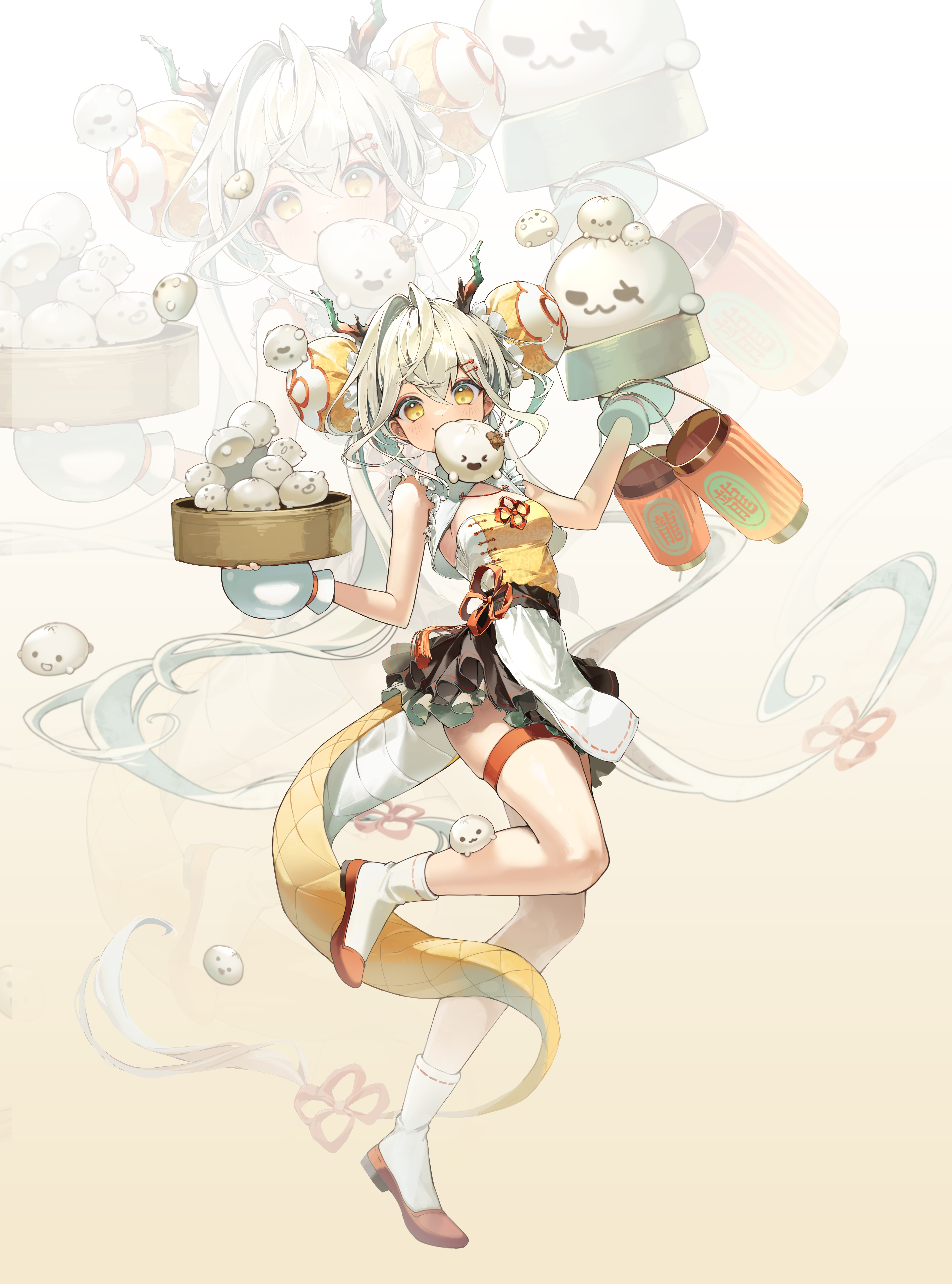 ham99luv, original, absurdres, commentary, highres, korean commentary, 1girl, apron, bamboo steamer, black skirt, blonde hair, breasts, bun cover, chinese clothes, double bun, dragon horns, dragon tail, dress, food, food in mouth, frilled skirt, frills, full body, gloves, gradient background, hair bun, hair ornament, hairclip, holding, holding bamboo steamer, holding lantern, horns, lantern, parallel hairclips, red shoes, shoes, sideboob, skirt, socks, solo, steamed bun, tail, thigh strap, twintails, waist apron, white apron, white gloves, white socks, yellow dress, yellow eyes