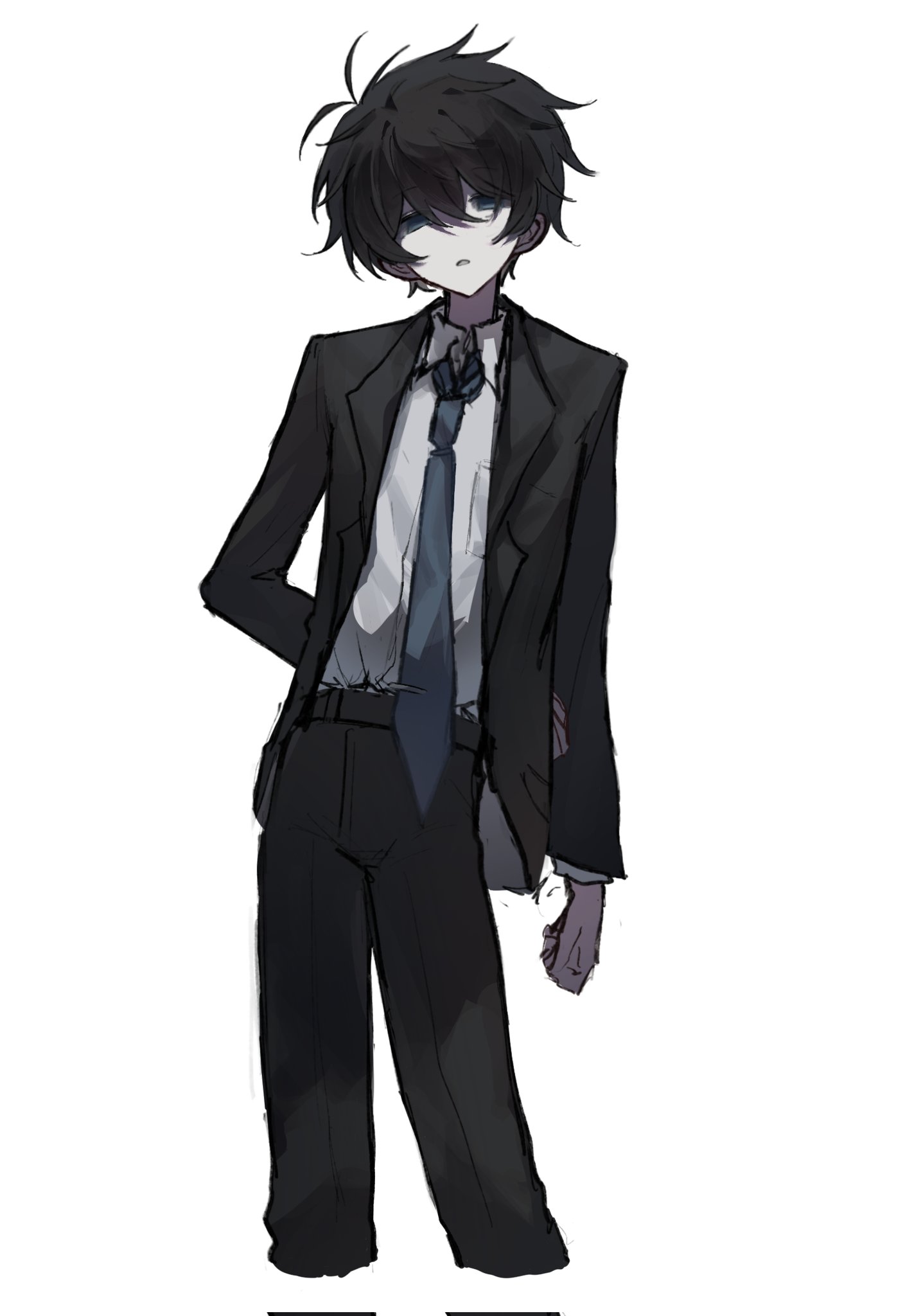 akinashi haru, saihate eki, commentary request, highres, 1boy, arm at side, arm behind back, black jacket, black pants, black suit, blue eyes, blue necktie, collared shirt, dress shirt, feet out of frame, formal clothes, guzi15613491, jacket, lapels, looking at viewer, male focus, necktie, pants, shirt, short hair, simple background, solo, suit, suit jacket, white background, white shirt