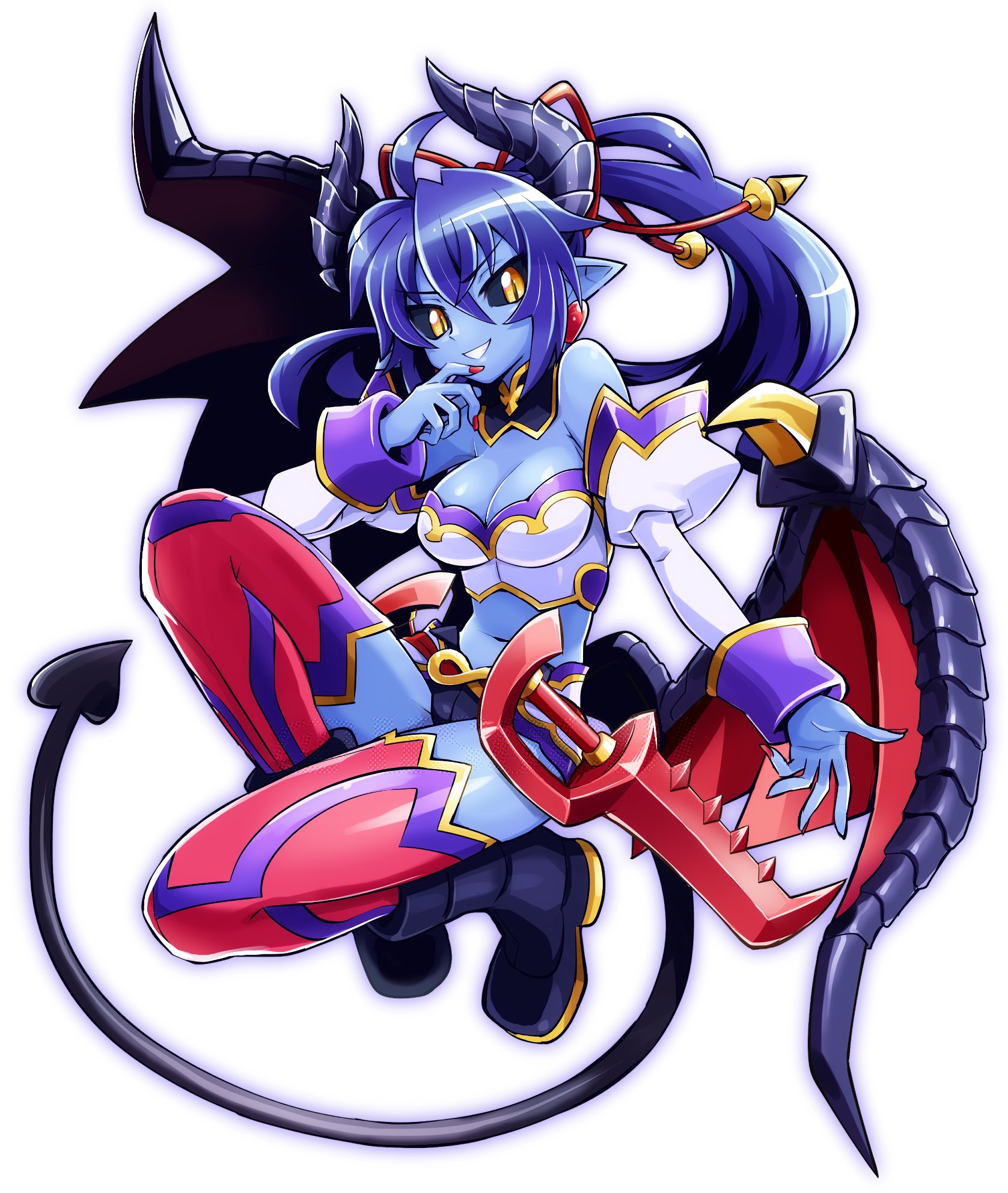 usoco, asmodeus (shinrabanshou), shinrabanshou, commentary request, highres, 1girl, black boots, black sclera, blue skin, boots, breasts, cleavage, clenched teeth, colored sclera, colored skin, demon girl, demon horns, demon tail, detached sleeves, earrings, gold trim, hair between eyes, hair ribbon, heart, heart earrings, high ponytail, horns, jewelry, large breasts, long hair, midriff, multicolored thighhighs, navel, pointy ears, ponytail, purple thighhighs, red nails, red ribbon, red thighhighs, ribbon, short shorts, shorts, solo, sword, tail, teeth, thighhighs, weapon, white background, yellow eyes