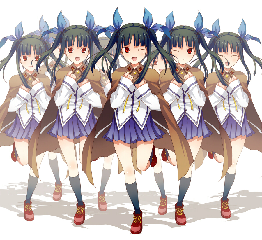 ayinusu00, nanai (ayinusu00), hokuto minami, ishima kaigen, yoshino sakura, da capo, da capo i, hanachirasu, nitro+royale, bad id, bad pixiv id, 6+girls, black hair, cape, cosplay, hair ribbon, multiple girls, one eye closed, red eyes, ribbon, skirt, twintails, voice actor connection, wink, yoshino sakura (cosplay)