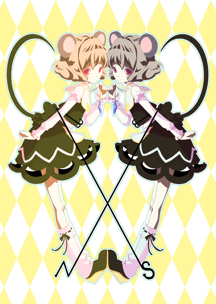 ruiruiru, nazrin, touhou, bad id, bad pixiv id, 2girls, alternate color, animal ears, dual persona, female focus, full body, grey hair, jewelry, mouse ears, mouse tail, multiple girls, pendant, red eyes, short hair, standing, symmetry, tail