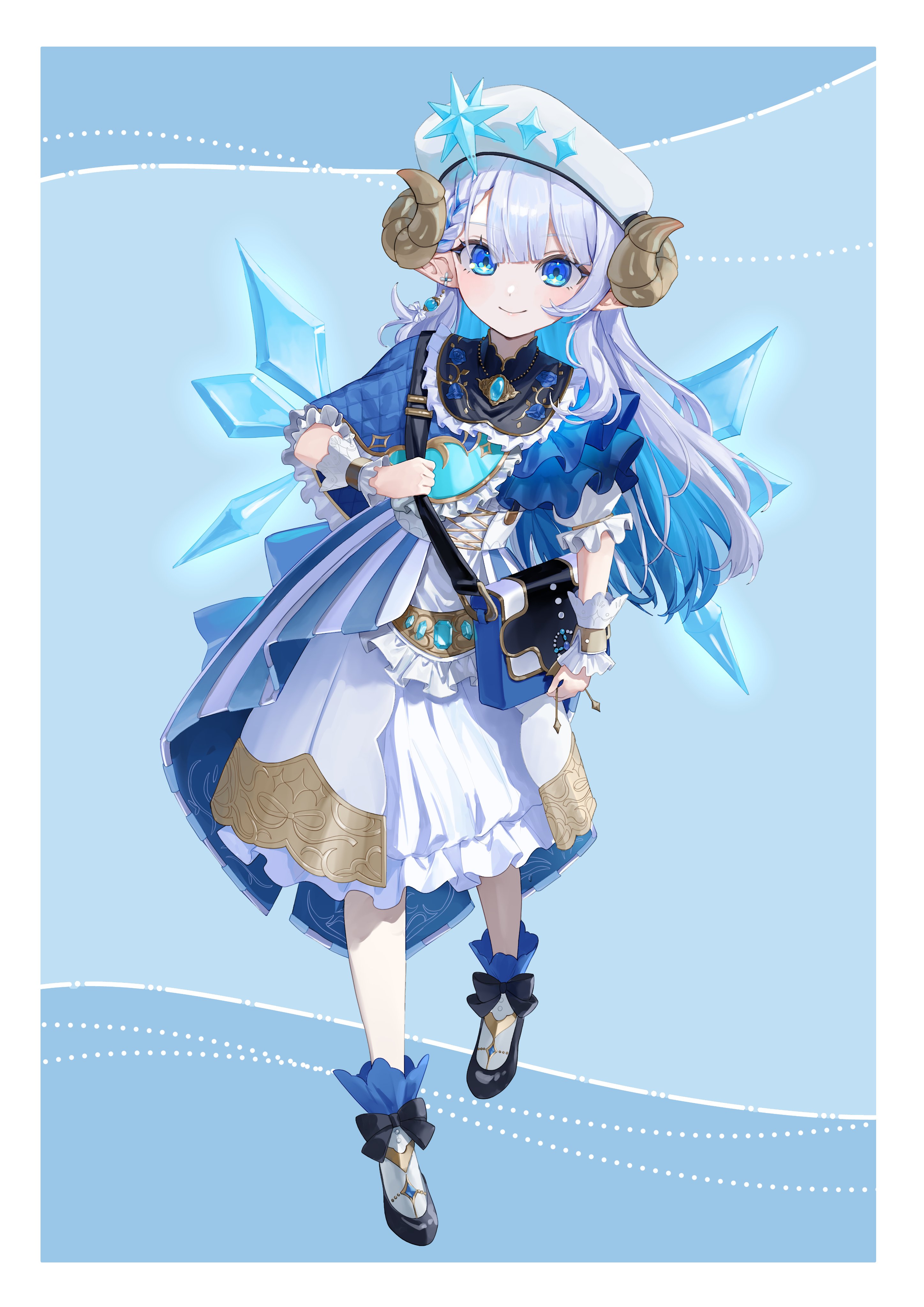 roena, original, absurdres, commentary request, commission, highres, 1girl, bag, beret, bib collar, black collar, black shoes, blue capelet, blue eyes, blue gem, blue hair, blue wings, braid, brooch, capelet, collar, colored inner hair, corset, crystal wings, curled horns, detached wings, dress, earrings, frilled collar, frills, gem, hat, hat ornament, horns, jewelry, layered dress, long hair, looking at viewer, multicolored dress, multicolored hair, necklace, pointy ears, puffy short sleeves, puffy sleeves, shoes, short sleeves, shoulder bag, side capelet, single earring, smile, white corset, white dress, white hat, wings