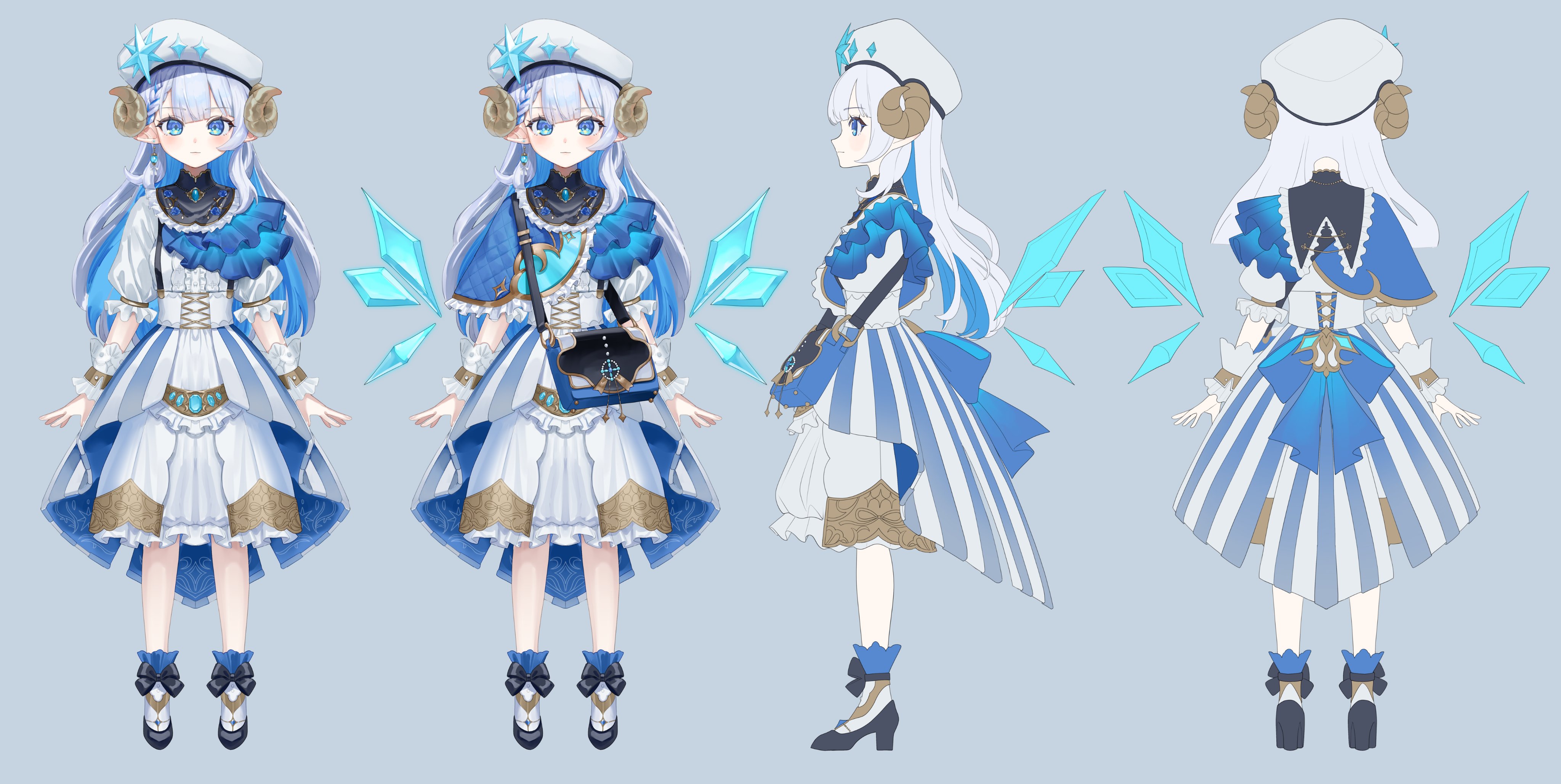 roena, original, absurdres, commentary request, commission, highres, 1girl, bag, beret, bib collar, black collar, black shoes, blue capelet, blue eyes, blue gem, blue hair, blue wings, braid, brooch, capelet, collar, colored inner hair, corset, crystal wings, curled horns, detached wings, dress, earrings, frilled collar, frills, gem, grey background, hat, hat ornament, horns, jewelry, layered dress, long hair, multicolored dress, multicolored hair, necklace, pointy ears, puffy short sleeves, puffy sleeves, reference sheet, shoes, short sleeves, shoulder bag, side capelet, simple background, single earring, smile, white corset, white dress, white hat, wings