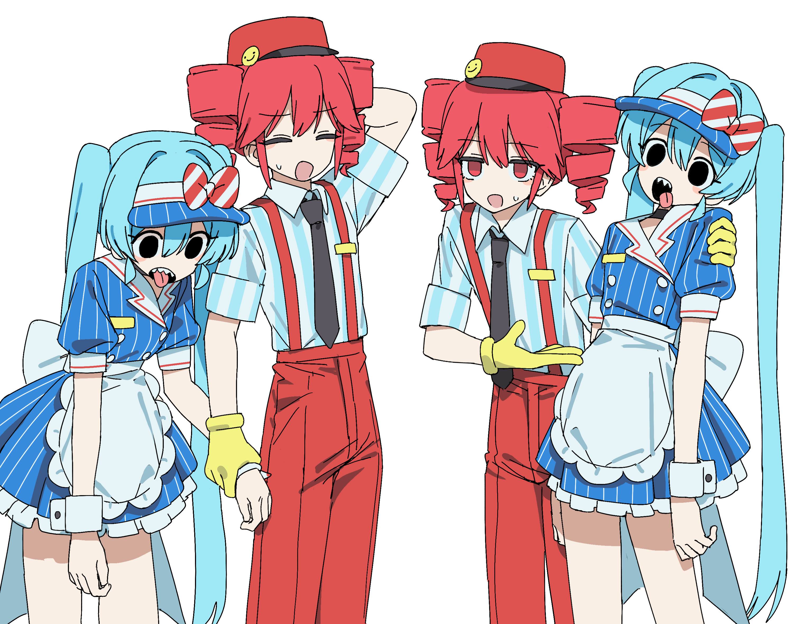 channel (caststation), hatsune miku, kasane teto, mesmerizer (vocaloid), utau, vocaloid, highres, 2girls, black eyes, black necktie, blue hair, blue shirt, collared shirt, drill hair, gloves, hat, long hair, multiple girls, necktie, open clothes, open mouth, overalls, pants, red eyes, red hair, red hat, red overalls, red pants, sharp teeth, shirt, short sleeves, sidelocks, simple background, standing, striped clothes, striped shirt, sweatdrop, teeth, twin drills, visor cap, white background, white wrist cuffs, wrist cuffs, yellow gloves