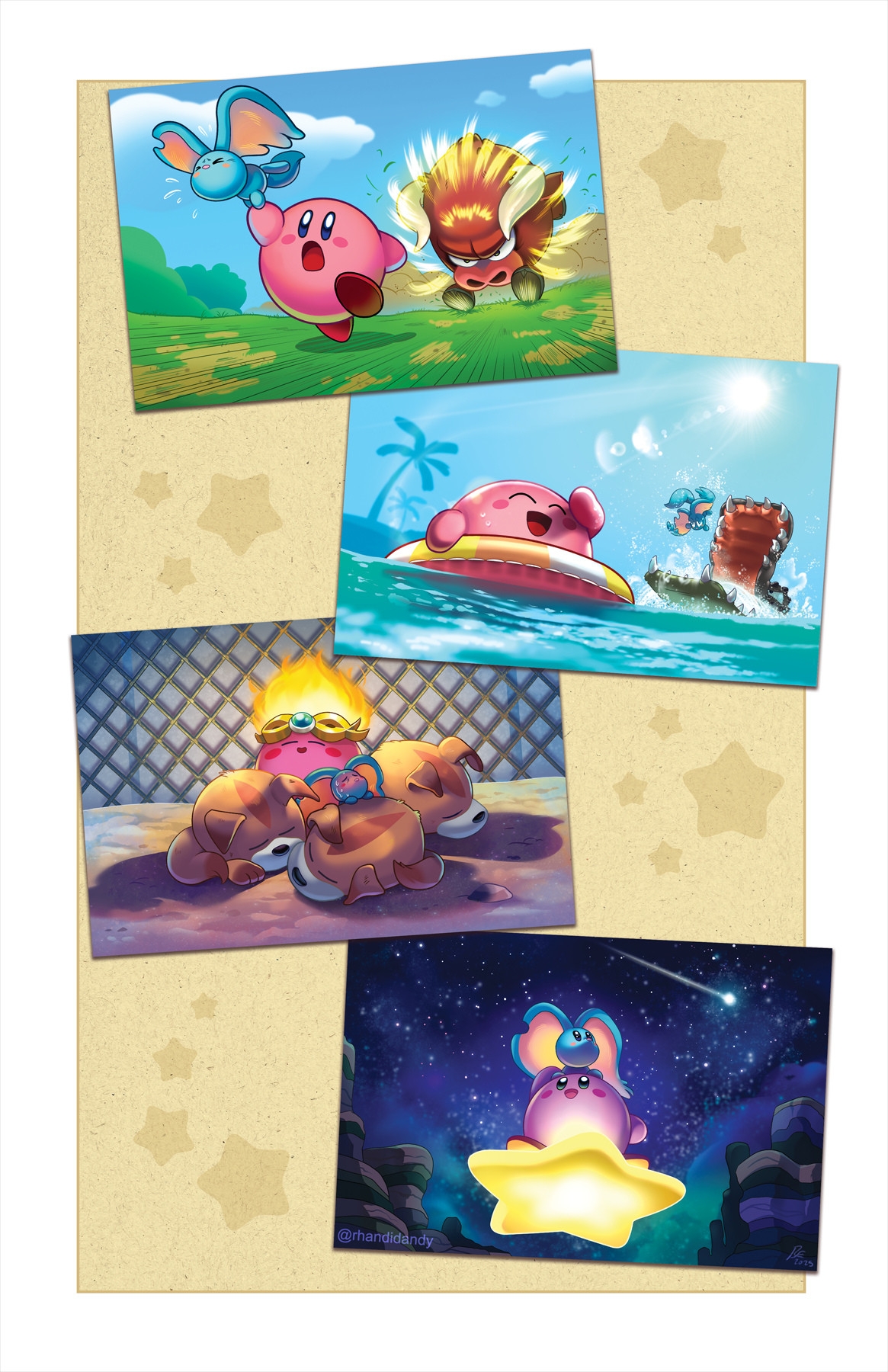 rhandi mask, awoofy, buffahorn, elfilin, gnawcodile, kirby, kirby (series), kirby and the forgotten land, nintendo, commentary, english commentary, highres, blush stickers, colored skin, fire kirby, horns, hot, night, no humans, notched ear, open mouth, palm tree, pink skin, running, shooting star, sleeping, star (sky), star (symbol), swim ring, tree, warp star