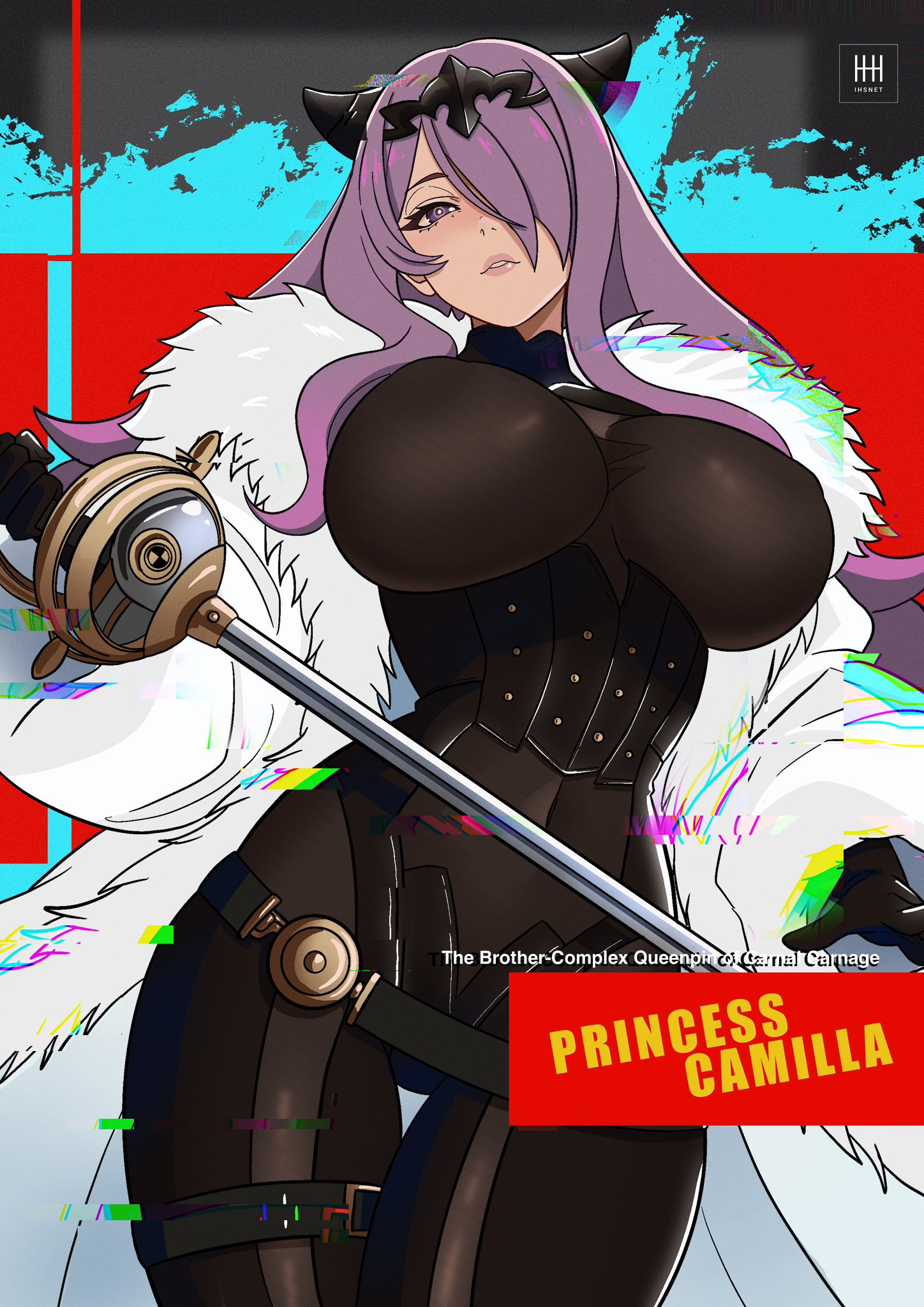 ihsnet, camilla (fire emblem), kirijou mitsuru, fire emblem, fire emblem fates, nintendo, persona, persona 4: the ultimate in mayonaka arena, commentary, english commentary, highres, 1girl, alternate costume, black bodysuit, blush, bodysuit, breasts, coat, cosplay, covered erect nipples, demon horns, fake horns, fur coat, hair over one eye, holding, holding sword, holding weapon, horns, kirijou mitsuru (cosplay), large breasts, long hair, looking at viewer, parted lips, purple eyes, purple hair, rapier, solo, sword, weapon, white coat, white fur