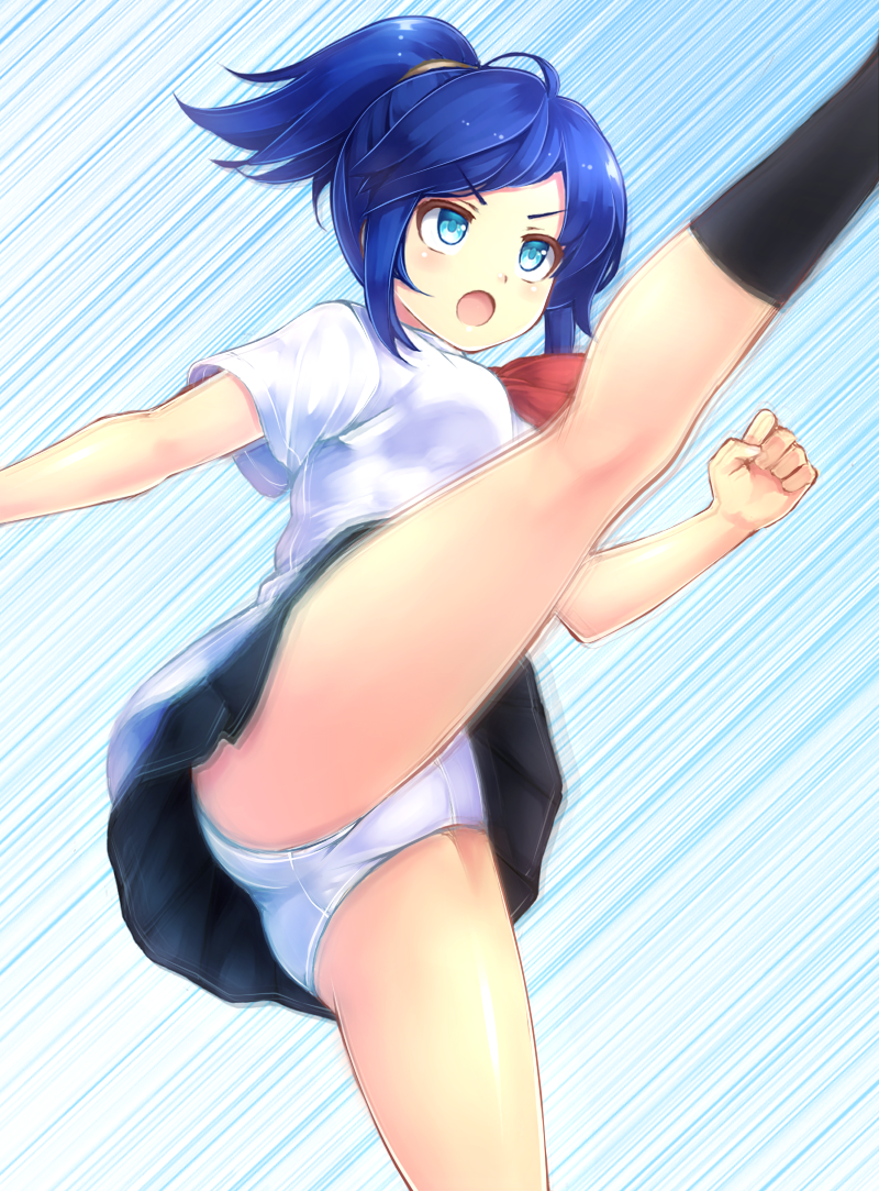 komimiyako, kamiki yui, jikkyou powerful pro yakyuu, power pro kun pocket, power pro kun pocket 4, commentary request, 1girl, black skirt, blue eyes, blue hair, from below, high kick, high ponytail, kicking, kneehighs, motion lines, neckerchief, open mouth, panties, pantyshot, ponytail, red neckerchief, school uniform, shirt, short sleeves, skirt, socks, solo, speed lines, underwear, white panties, white shirt