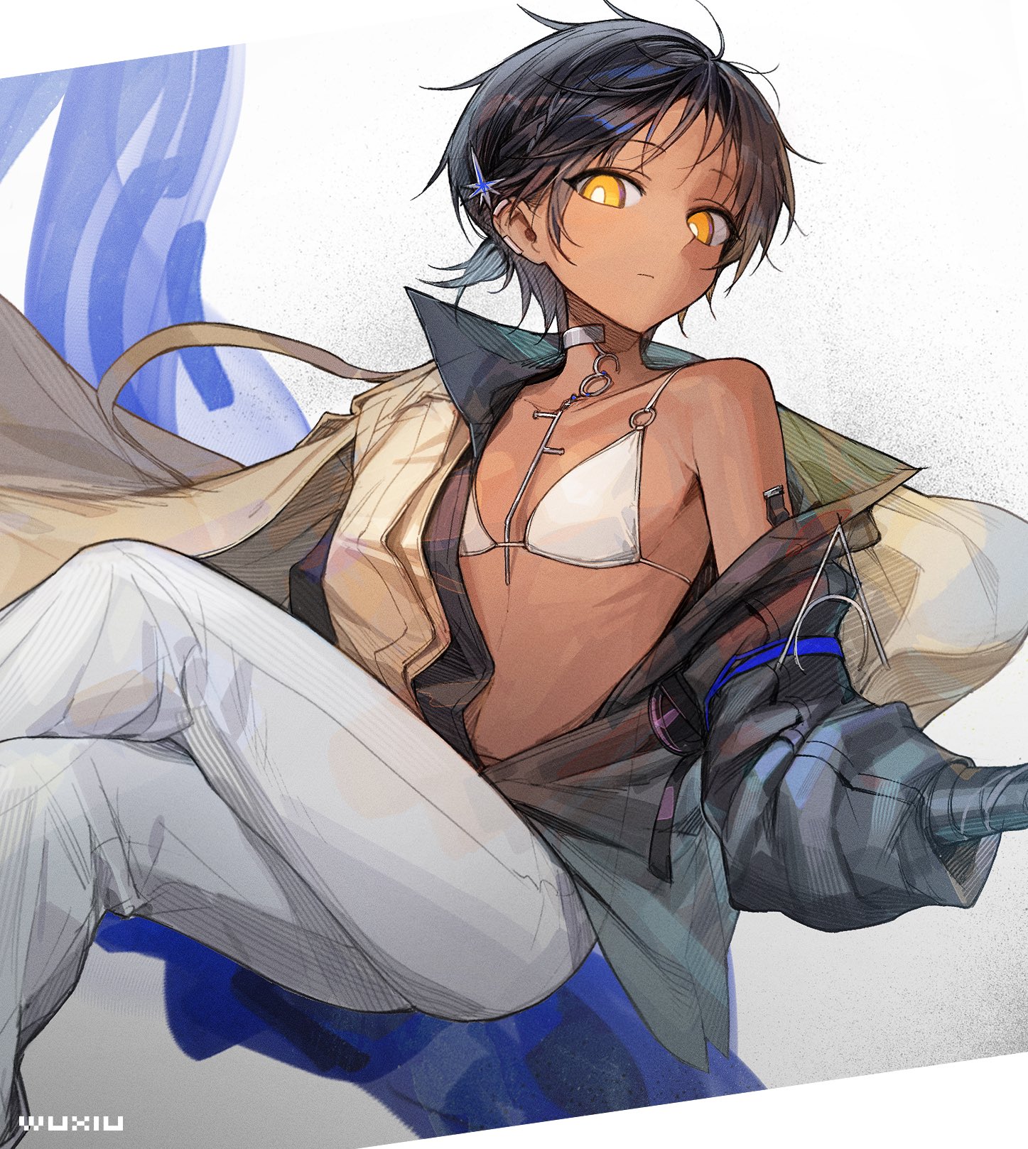 xiu xxx wu, thorns (arknights), thorns the lodestar (arknights), arknights, commentary request, highres, 1girl, bikini, black hair, breasts, closed mouth, crossed legs, dark skin, genderswap, genderswap (mtf), hair ornament, jacket, jewelry, looking at viewer, necklace, off shoulder, open clothes, open jacket, orange eyes, pants, short hair, simple background, small breasts, solo, swimsuit, white bikini, white pants