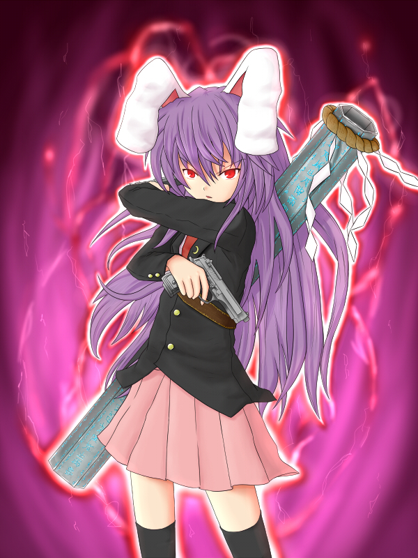 mumyuu, reisen udongein inaba, the iron of yin and yang, touhou, 1girl, animal ears, aura, beretta 92, black thighhighs, blazer, female focus, gun, handgun, holding, holding gun, holding weapon, jacket, long hair, onbashira, pistol, purple hair, rabbit ears, red eyes, skirt, solo, thighhighs, weapon