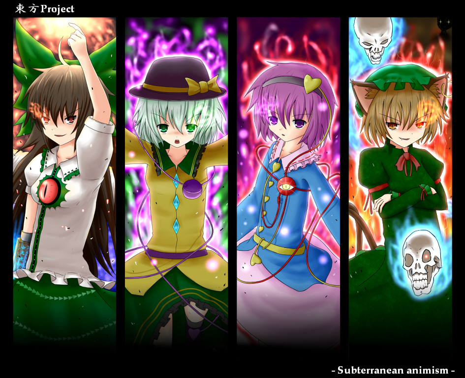 mumyuu, chen, kaenbyou rin, komeiji koishi, komeiji satori, reiuji utsuho, subterranean animism, touhou, 4girls, animal ears, brown eyes, brown hair, cat ears, cat girl, cat tail, column lineup, cosplay, earrings, fang, female focus, green eyes, green hair, hairband, hat, heart, jewelry, kaenbyou rin (cosplay), long hair, multiple girls, multiple tails, odd one out, purple eyes, purple hair, short hair, tail