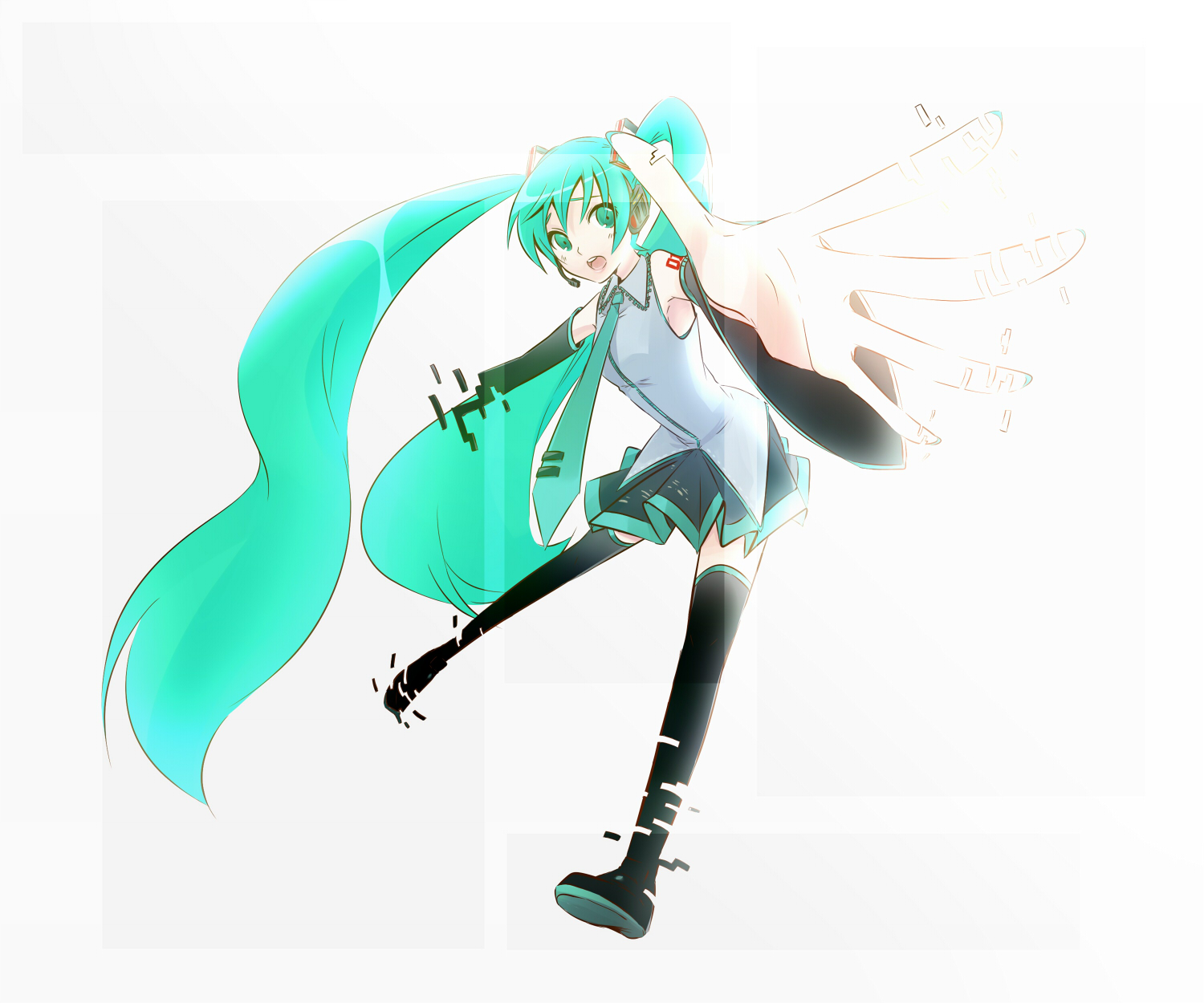 kagexxx, hatsune miku, hatsune miku no shoushitsu (vocaloid), vocaloid, bad id, bad pixiv id, highres, 1girl, aqua eyes, aqua hair, detached sleeves, digital dissolve, female focus, foreshortening, full body, headset, legs, long hair, necktie, outstretched arms, outstretched hand, pixels, reaching, skirt, solo, thighhighs, twintails, white background, zettai ryouiki