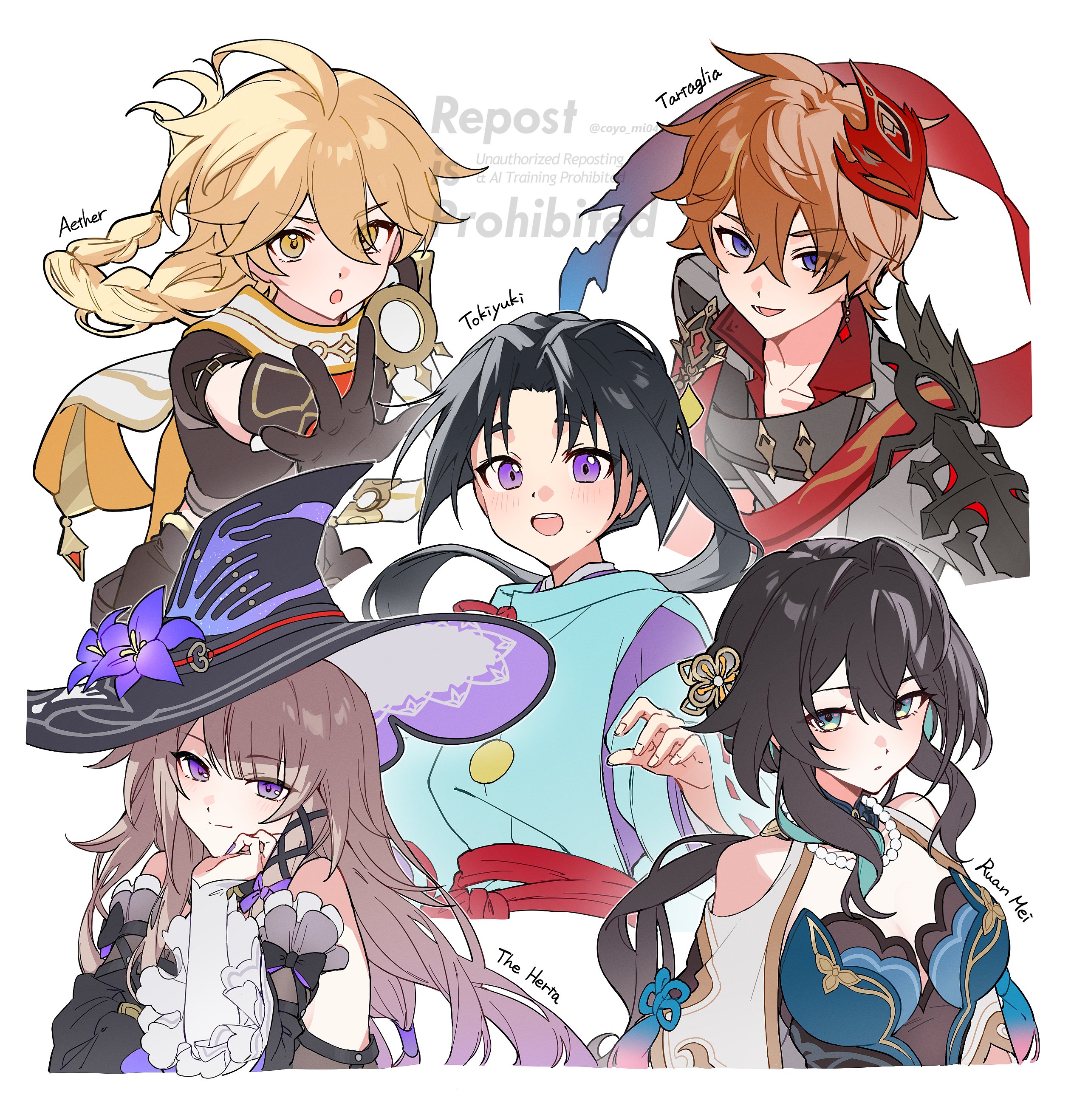 mochimiya (coyo), aether (genshin impact), herta (honkai: star rail), houjou tokiyuki (nige jouzu no wakagimi), ruan mei (honkai: star rail), tartaglia (genshin impact), the herta (honkai: star rail), genshin impact, honkai: star rail, honkai (series), mihoyo, nige jouzu no wakagimi, absurdres, commentary request, highres, 2girls, 3boys, bead necklace, beads, black gloves, black hair, blonde hair, blue hair, blush, braid, breasts, brown hair, character name, clothing cutout, crossover, detached sleeves, earrings, flower, gloves, hair between eyes, hat, hat flower, jacket, japanese clothes, jewelry, long hair, mask, mask on head, multicolored hair, multiple boys, multiple girls, necklace, open mouth, purple eyes, purple flower, ribbon-trimmed sleeves, ribbon trim, scarf, shoulder cutout, simple background, single braid, single earring, sweat, torn clothes, torn scarf, upper body, white background, wide sleeves, witch hat