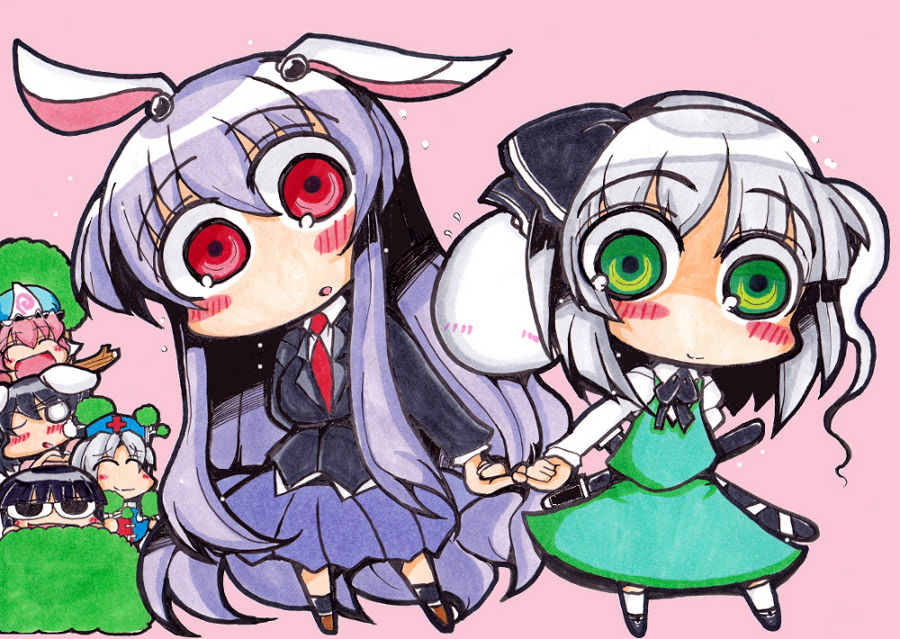matarou (matarou072), houraisan kaguya, inaba tewi, konpaku youmu, konpaku youmu (ghost), reisen udongein inaba, saigyouji yuyuko, yagokoro eirin, touhou, silver hair, 6+girls, animal ears, black hair, blazer, braid, chibi, female focus, full body, ghost, green eyes, hairband, hat, jacket, katana, long hair, multiple girls, nature, necktie, pink hair, plant, purple hair, rabbit ears, red eyes, short hair, simple background, skirt, sword, weapon