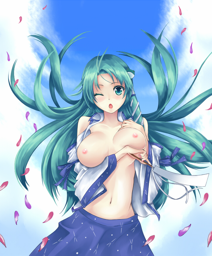kosuke (bb), kochiya sanae, touhou, breast hold, bad id, bad pixiv id, 1girl, bare shoulders, breasts, detached sleeves, female focus, frog, green eyes, green hair, hair ornament, large breasts, long hair, matching hair/eyes, navel, nipples, one eye closed, open clothes, open shirt, petals, shirt, snake, solo, wind, wink