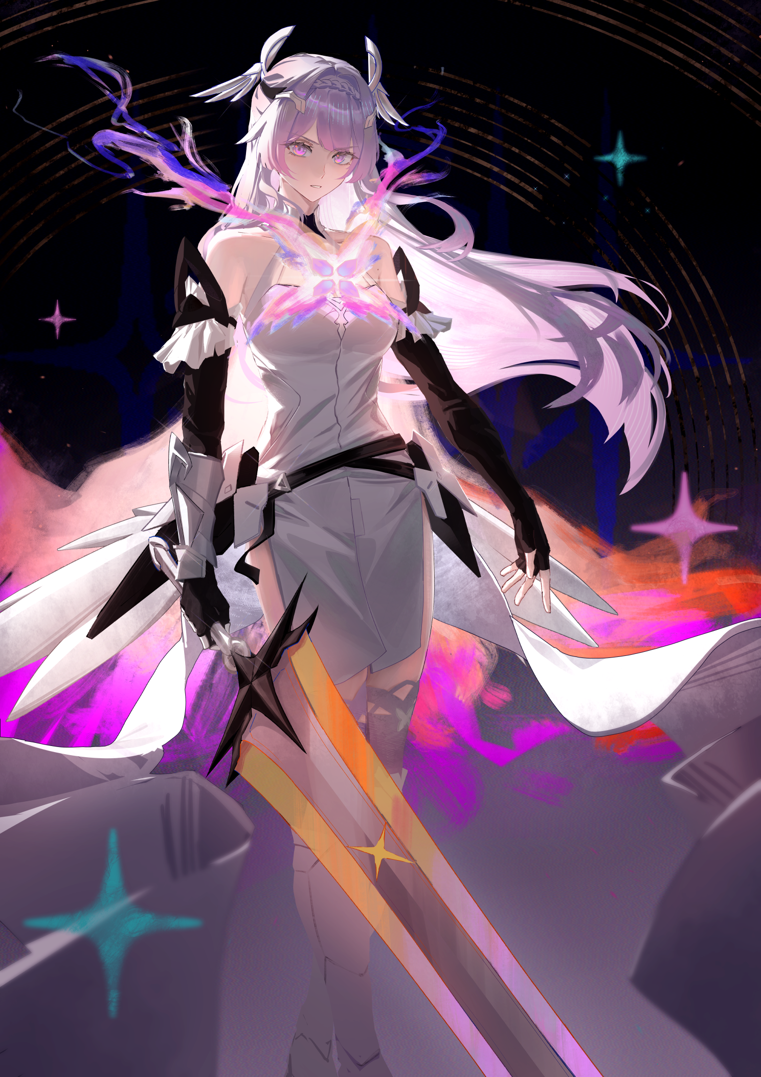 appl3, chaos zero nightmare, commentary, highres, 1girl, arm armor, armored boots, bare shoulders, black gloves, boots, braid, brooch, crown braid, double-parted bangs, dress, fingerless gloves, gloves, hair between eyes, hair intakes, hair ornament, headpiece, holding, holding sword, holding weapon, jewelry, looking at viewer, luche (chaos zero nightmare), pink eyes, pink hair, solo, star brooch, sword, weapon, white dress, wing brooch