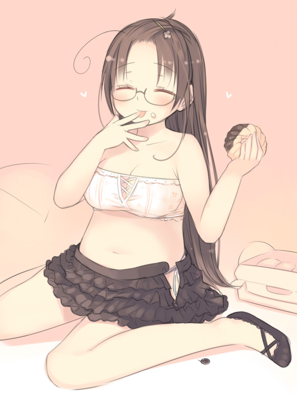 kashiwamochi yomogi, arima senne, original, 1girl, blush, breasts, cleavage, closed eyes, eating, female focus, flats, food, forehead, glasses, medium breasts, navel, panties, plump, side-tie panties, sitting, solo, tongue, underwear, wariza
