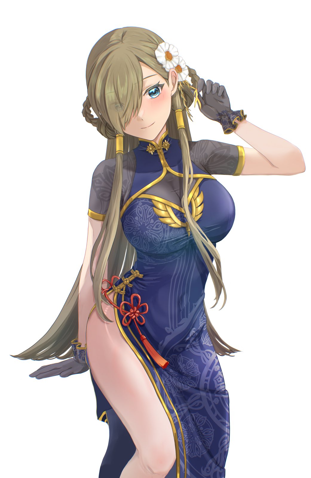 komegura, tear grants, tales of (series), tales of asteria, tales of the abyss, commentary request, highres, 1girl, arm support, bare legs, black gloves, blue dress, blue eyes, blush, braid, breasts, brown hair, china dress, chinese clothes, closed mouth, dress, feet out of frame, flower, gloves, hair behind ear, hair flower, hair ornament, hair over one eye, hand up, large breasts, long hair, looking at viewer, official alternate costume, print dress, see-through cleavage, see-through clothes, short sleeves, side slit, sidelocks, smile, solo, thighs, white background, white flower