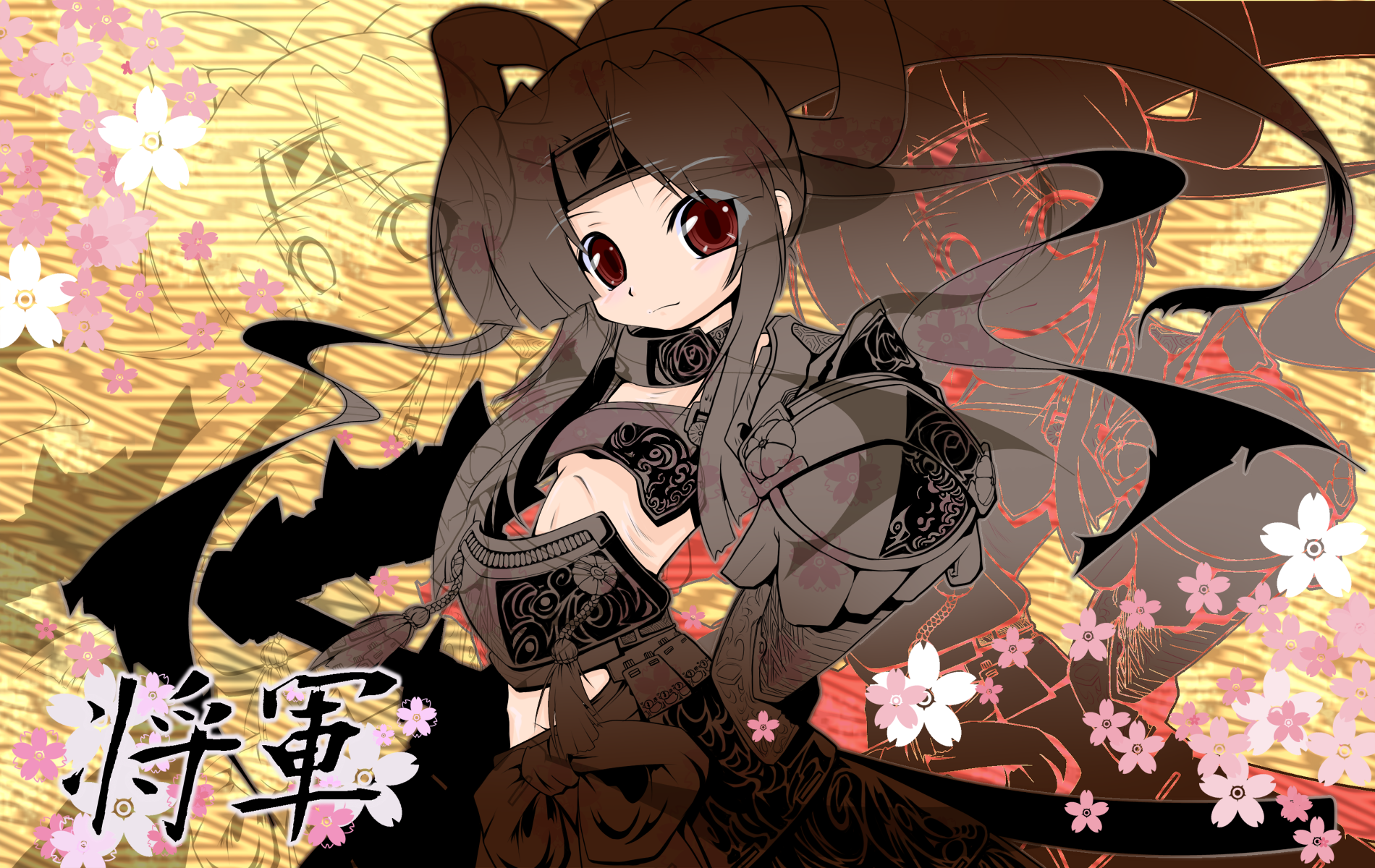 kitsune neko (kon mao), shogun (sekaiju), shogun 2 (sekaiju), atlus, etrian odyssey, sekaiju no meikyuu, sekaiju no meikyuu 3, highres, armor, black hair, cherry blossoms, gauntlets, katana, red eyes, solo, sword, weapon, zoom layer