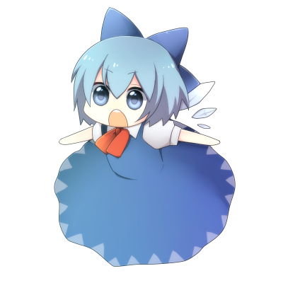 redvvvred, cirno, embodiment of scarlet devil, touhou, bad id, bad pixiv id, lowres, 1girl, blouse, blue eyes, blue hair, chibi, dress, female focus, full body, hair between eyes, matching hair/eyes, open mouth, pinafore dress, shirt, simple background, sleeveless, sleeveless dress, solo, white background, white shirt, wings