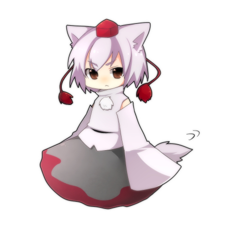redvvvred, inubashiri momiji, touhou, silver hair, bad id, bad pixiv id, lowres, 1girl, animal ears, brown eyes, chibi, detached sleeves, female focus, full body, short hair, simple background, solo, tail, white background, wolf ears, wolf tail