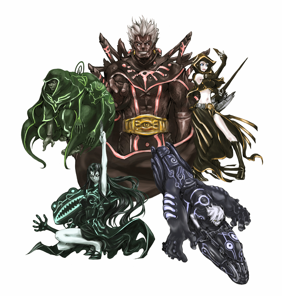 koutetsu (pixiv418948), carly nagisa, demak, earthbound immortal aslla piscu, earthbound immortal ccapac apu, earthbound immortal ccarayhua, earthbound immortal cusillu, earthbound immortal uru, kiryu kyosuke, misty lola, rudger godwin, yu-gi-oh!, yu-gi-oh! 5d's, vehicle, bad id, bad pixiv id, 2girls, 3boys, belt, black hair, black sclera, boots, card, colored sclera, colored skin, dark persona, dark skin, dress, duel monster, elbow gloves, facial mark, fingerless gloves, gloves, green skin, high heels, holding, holding card, hood, midriff, motor vehicle, motorcycle, multiple boys, multiple girls, navel, shoes, spiked hair, white hair