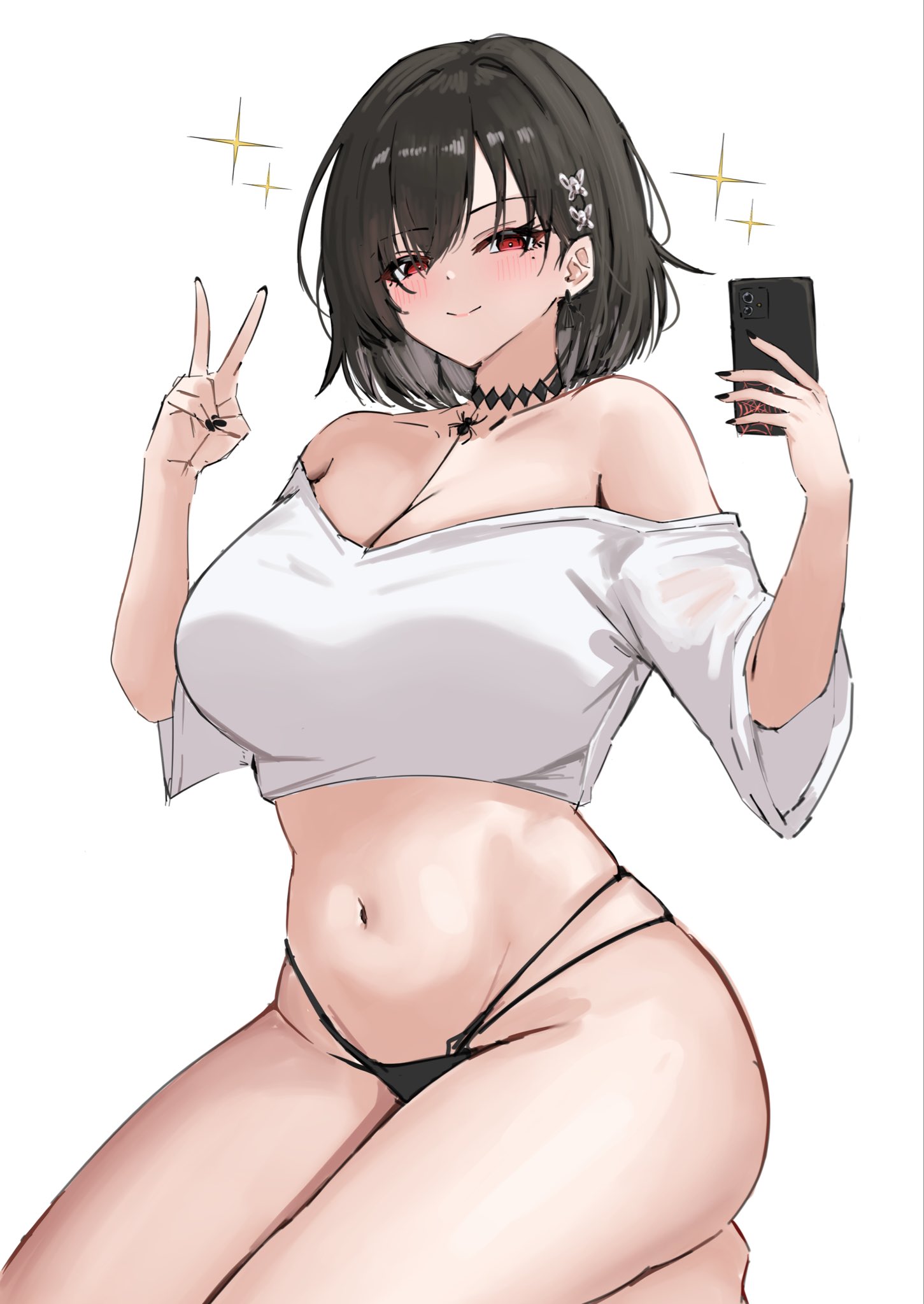 soul (dp11), chien wu (all-nighter masterpiece) (azur lane), chien wu (azur lane), azur lane, commentary request, highres, 1girl, black choker, black hair, black nails, black panties, breasts, choker, cowboy shot, hair ornament, holding, holding phone, kneeling, large breasts, looking at viewer, midriff, multi-strapped panties, navel, off-shoulder shirt, off shoulder, official alternate costume, panties, phone, red eyes, shirt, short hair, simple background, smile, solo, sparkle, sparkling aura, spider ornament, stomach, thighs, underwear, v, white background, white shirt