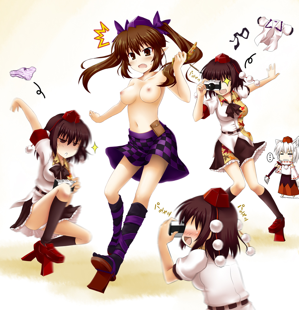 okitakung, himekaidou hatate, inubashiri momiji, shameimaru aya, touhou, cross-laced footwear, + +, …, 3girls, ^^^, animal ears, black socks, blush, bow, bow panties, breasts, breasts apart, brown eyes, brown hair, camera, cellphone, checkered clothes, checkered skirt, detached sleeves, female focus, geta, hat, kneehighs, multiple girls, nipples, panties, phone, pointy ears, rape face, short hair, skirt, socks, striped clothes, striped panties, sword, tail, tengu-geta, tokin hat, twintails, underwear, undressing, weapon, white hair, wolf ears, wolf tail