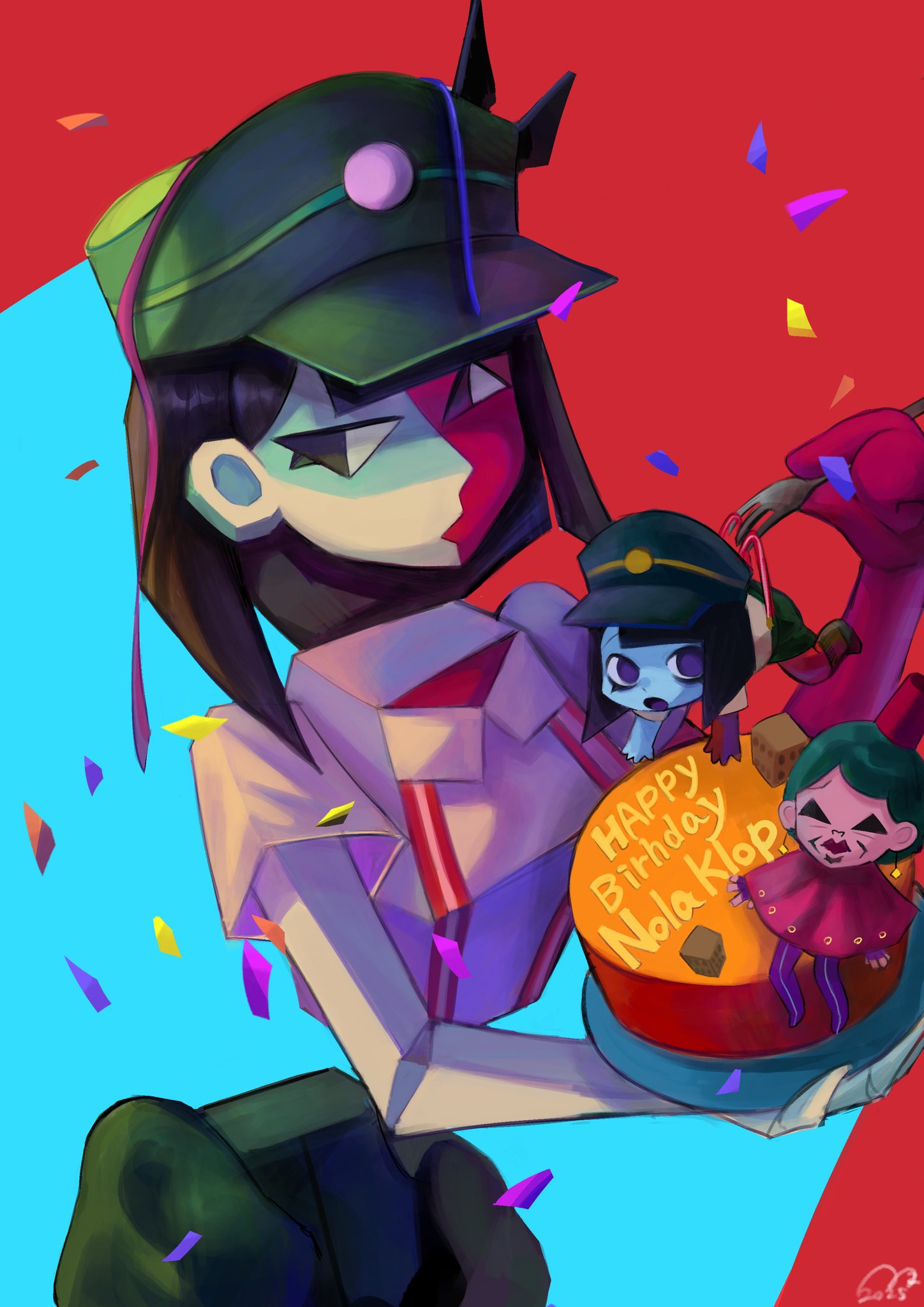 usagimarumei, ena (dream bbq), hangover ena, meanie ena, ena: dream bbq, ena (series), commentary, english commentary, highres, 3girls, black hair, blue skin, blunt bangs, blunt ends, bob cut, cake, colored skin, confetti, ena (species), food, fork, green hat, hat, holding, holding fork, linda (ena), mini person, minigirl, multicolored skin, multiple girls, old, old woman, open mouth, red skin, shirt, short sleeves, two-tone skin, voice actor connection