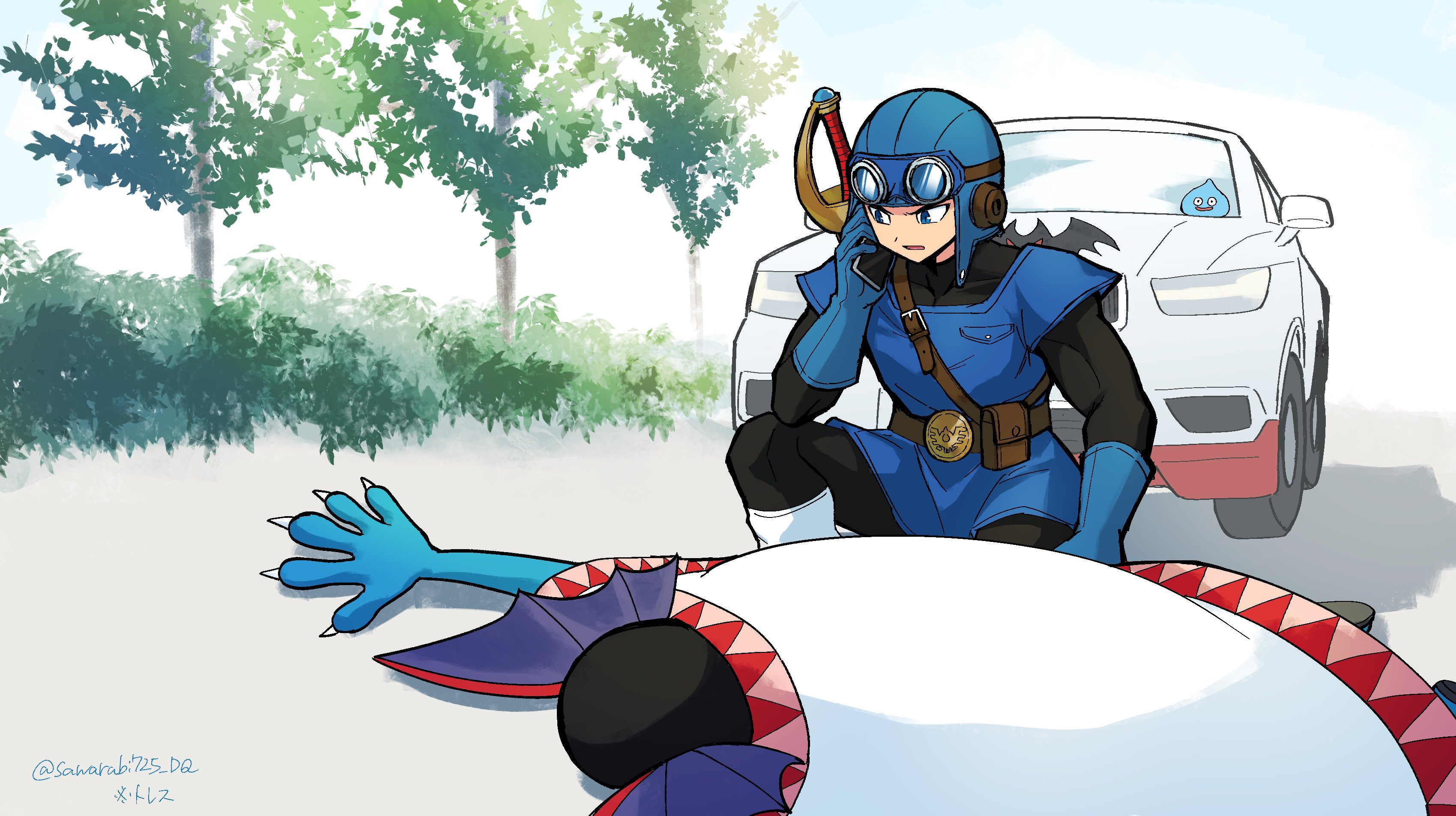 sawarabi (sawarabi725), hargon, prince of lorasia, slime (dragon quest), dragon quest, dragon quest ii, absurdres, commentary request, highres, 2boys, belt, black bodysuit, blue eyes, blue gloves, blue hat, blue skin, blue sky, blue tunic, bodysuit, boots, bush, car, colored skin, day, fins, gloves, goggles, goggles on headwear, hat, head fins, holding, holding phone, lying, male focus, motor vehicle, multiple boys, on one knee, on stomach, outdoors, parted lips, phone, robe, sky, sword, sword on back, tree, tunic, twitter username, weapon, weapon on back, white boots, white robe
