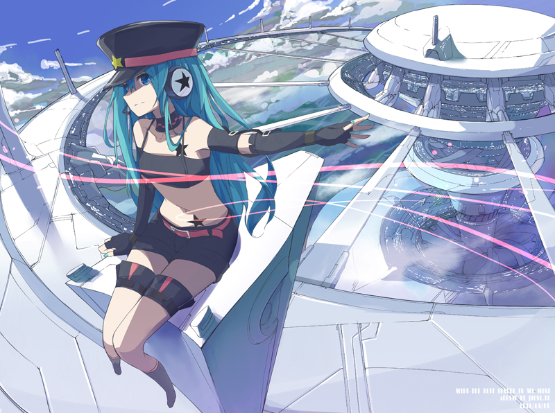 jong tu, hatsune miku, project diva, project diva (series), vocaloid, 1girl, aqua eyes, aqua hair, female focus, gloves, hat, headphones, headset, midriff, scenery, shorts, sitting, smile, solo, star (symbol), twintails