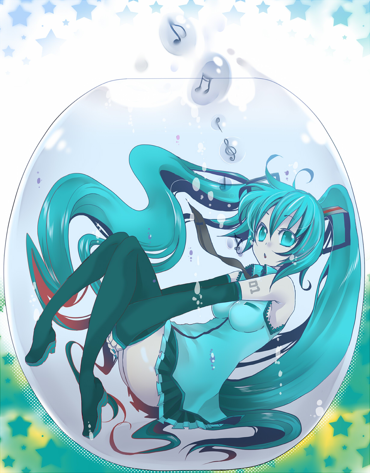 mamemix, hatsune miku, vocaloid, highres, 1girl, aqua eyes, aqua hair, blue nails, breasts, bubble, detached sleeves, female focus, full body, hugging own legs, in bubble, knees to chest, legs, long hair, musical note, nail polish, necktie, open mouth, skirt, solo, thighhighs, treble clef, twintails, underwater, very long hair, zettai ryouiki