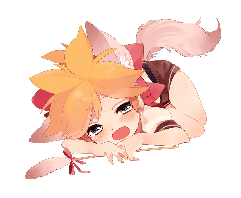 amezawa koma, kagamine len, vocaloid, bad id, bad pixiv id, 1boy, animal ears, blonde hair, blue eyes, blush, cat boy, cat ears, cat tail, cat teaser, hair ribbon, kemonomimi mode, lying, male focus, ribbon, short hair, simple background, solo, tail