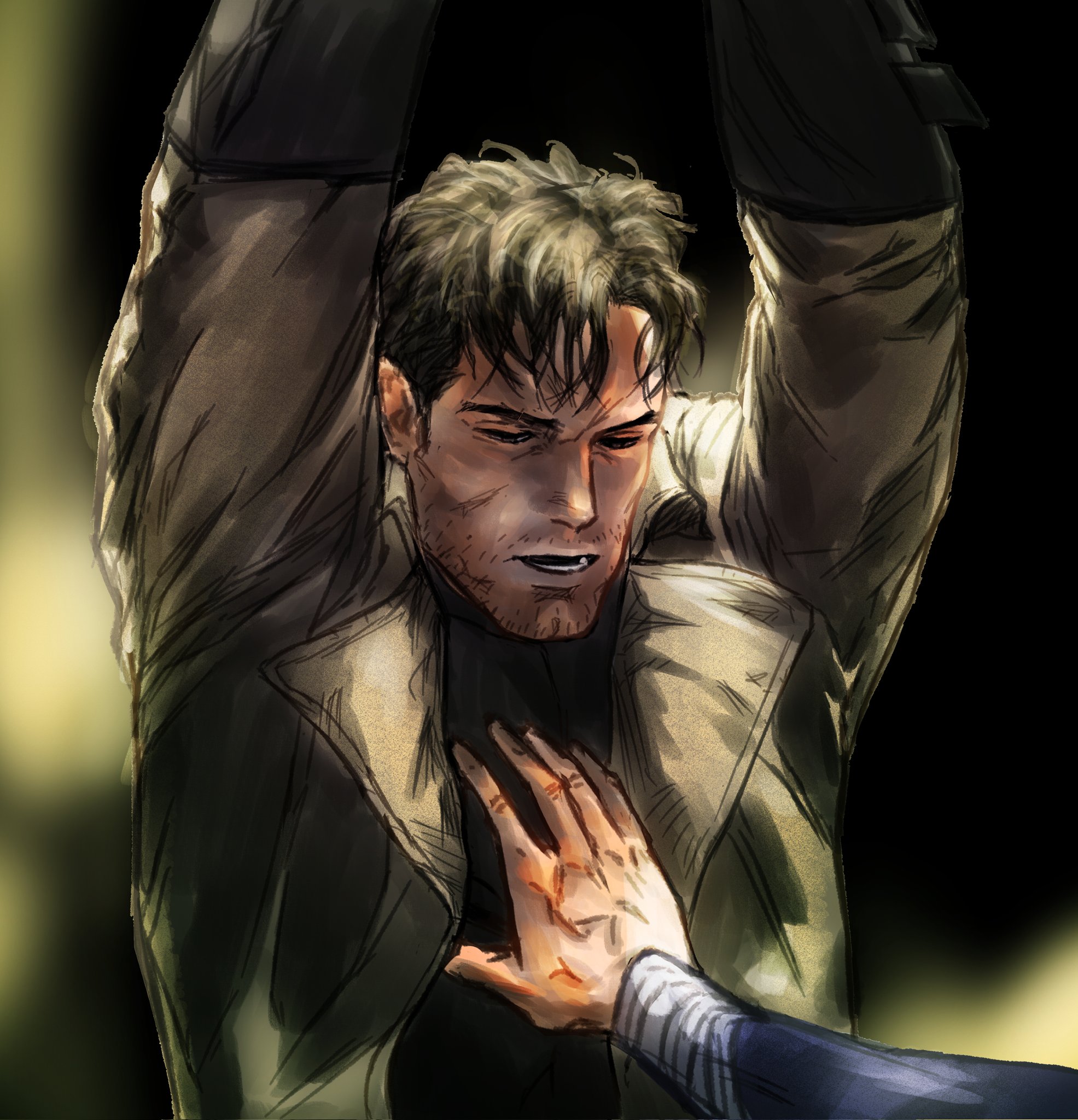 ben affleck, batman, bruce wayne, superman, batman v superman: dawn of justice, dc comics, dc extended universe, commentary request, highres, korean commentary, 2boys, beard stubble, black gloves, black hair, black jindo, bound, bound arms, bound wrists, coat, facial hair, gloves, male focus, multiple boys, open mouth, restrained, scene reference, short hair, stubble, superhero costume, suspension, trench coat