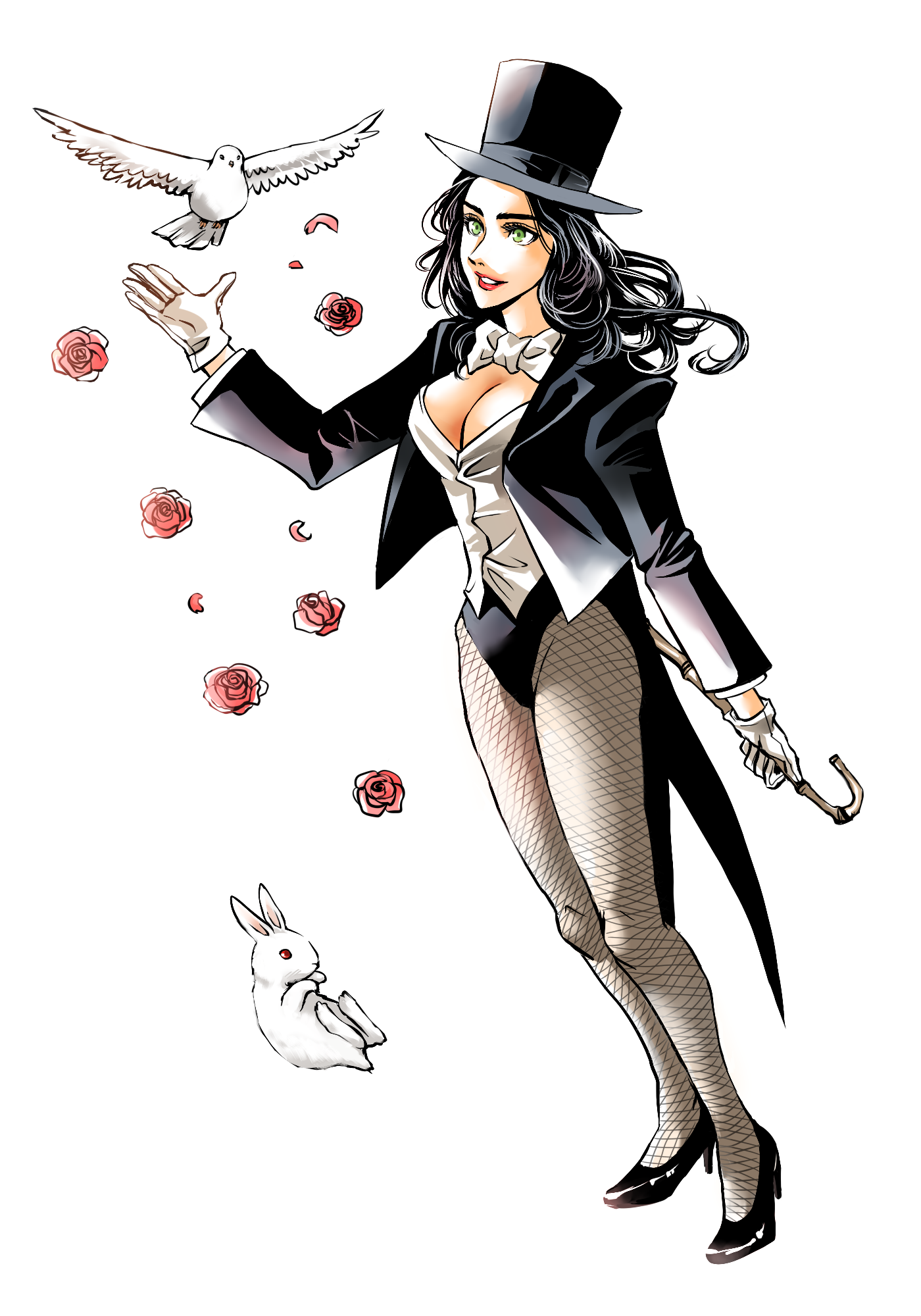 hoshikuma shaare, petri, zatanna zatara, dc comics, justice league, highres, 1girl, bird, black hair, blush, bow, bowtie, breasts, cane, cleavage, female focus, fishnet pantyhose, fishnets, flower, gloves, green eyes, hat, high heels, jacket, knees, large breasts, legs, leotard, lips, lipstick, long hair, magician, makeup, neck ribbon, no bra, pantyhose, pigeon, rabbit, red flower, red rose, ribbon, rod, rose, shoes, smile, solo, top hat, white gloves