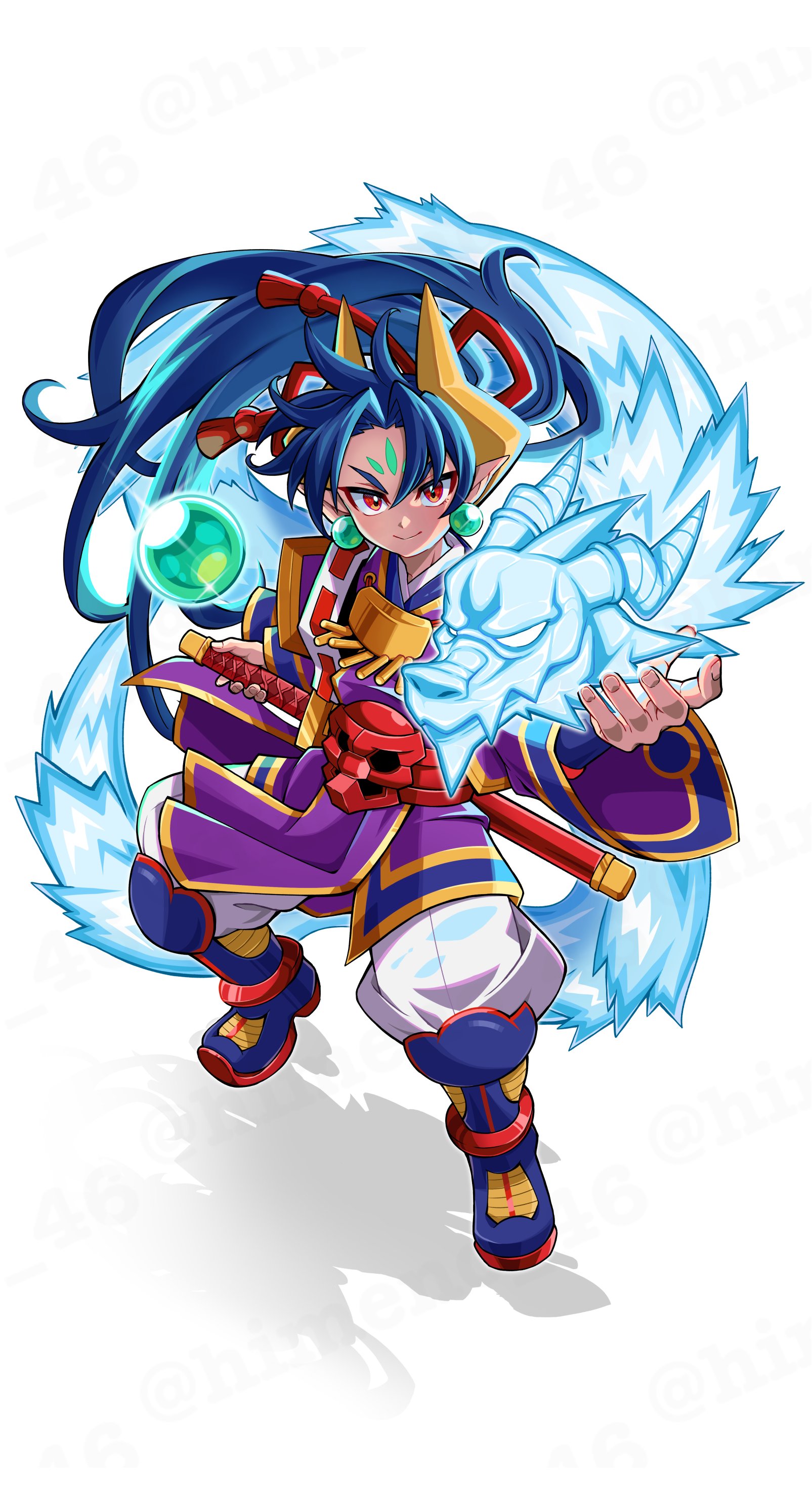 himeshiro (himeno 46), saiga (shinrabanshou), shinrabanshou, absurdres, commentary request, highres, 1boy, armored boots, blue hair, boots, closed mouth, crystal ball, dragon, earrings, floating hair, forehead tattoo, gold horns, gold trim, hair ribbon, high ponytail, holding, holding sword, holding weapon, japanese clothes, jewelry, long hair, looking at viewer, pointy ears, ponytail, red eyes, red ribbon, ribbon, sheath, solo, sword, tattoo, watermark, weapon