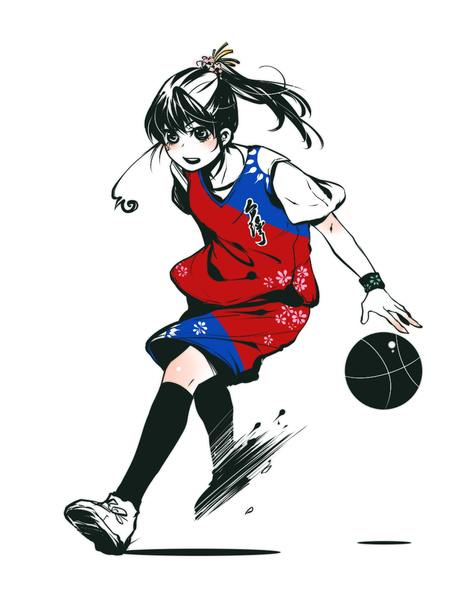 tsaosu0607, taiwan (hetalia), axis powers hetalia, 1girl, ahoge, alternate costume, alternate hairstyle, ball, basketball, basketball (object), black socks, female focus, full body, jersey, kneehighs, playing sports, ponytail, running, shoes, short sleeves, shorts, simple background, sneakers, socks, solo, white background, wristband