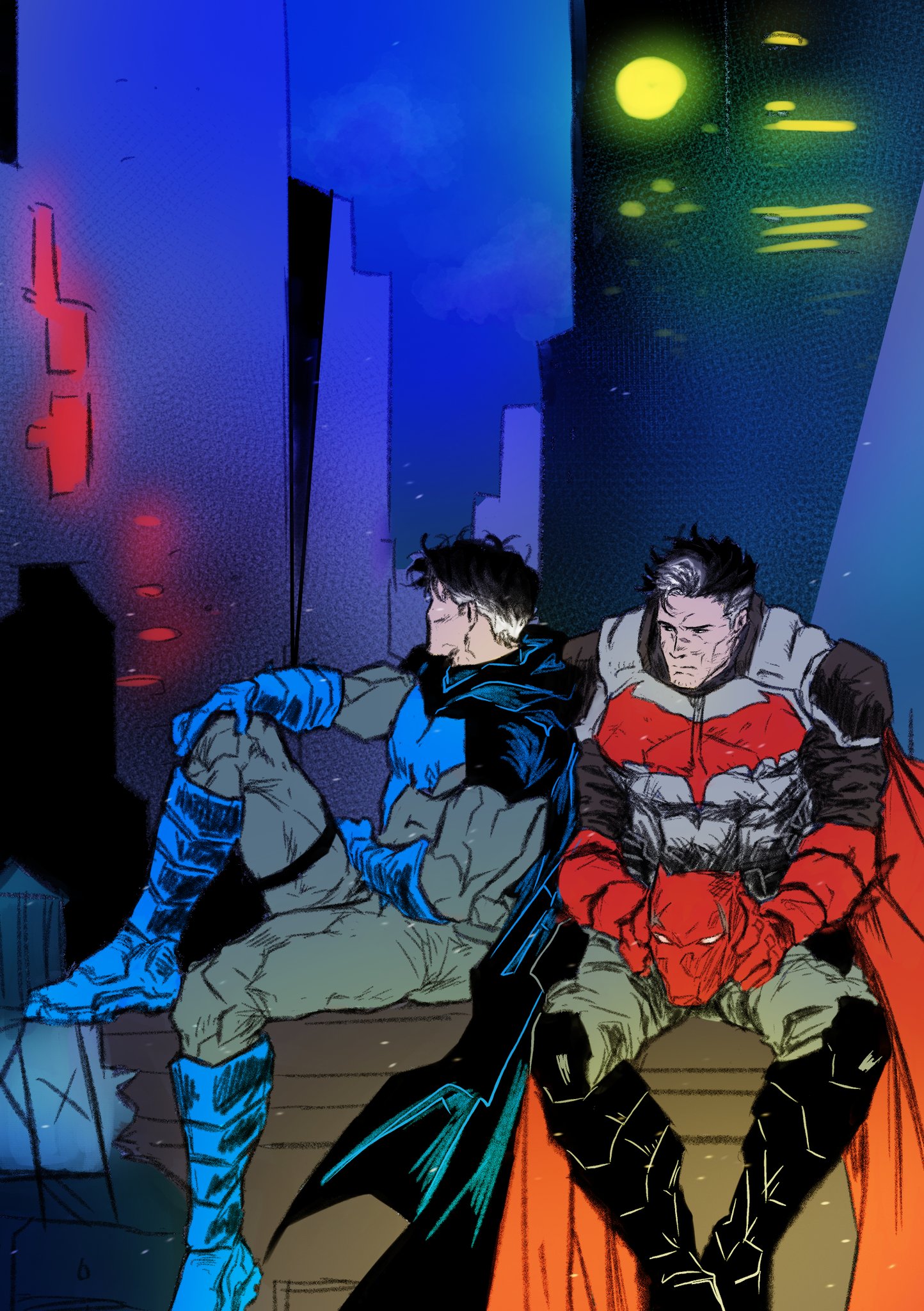 batman, dick grayson, jason todd, red hood (dc), batman (series), dc comics, commentary request, highres, korean commentary, aged up, bat signal, batman symbol, belt, black bodysuit, black hair, black jindo, blue bodysuit, blue eyes, bodysuit, cowl, escrima sticks, gloves, grey bodysuit, male focus, mask, multicolored bodysuit, multiple boys, muscular, muscular male, red mask, short hair, simple background, superhero costume, taut bodysuit, two-tone bodysuit, utility belt