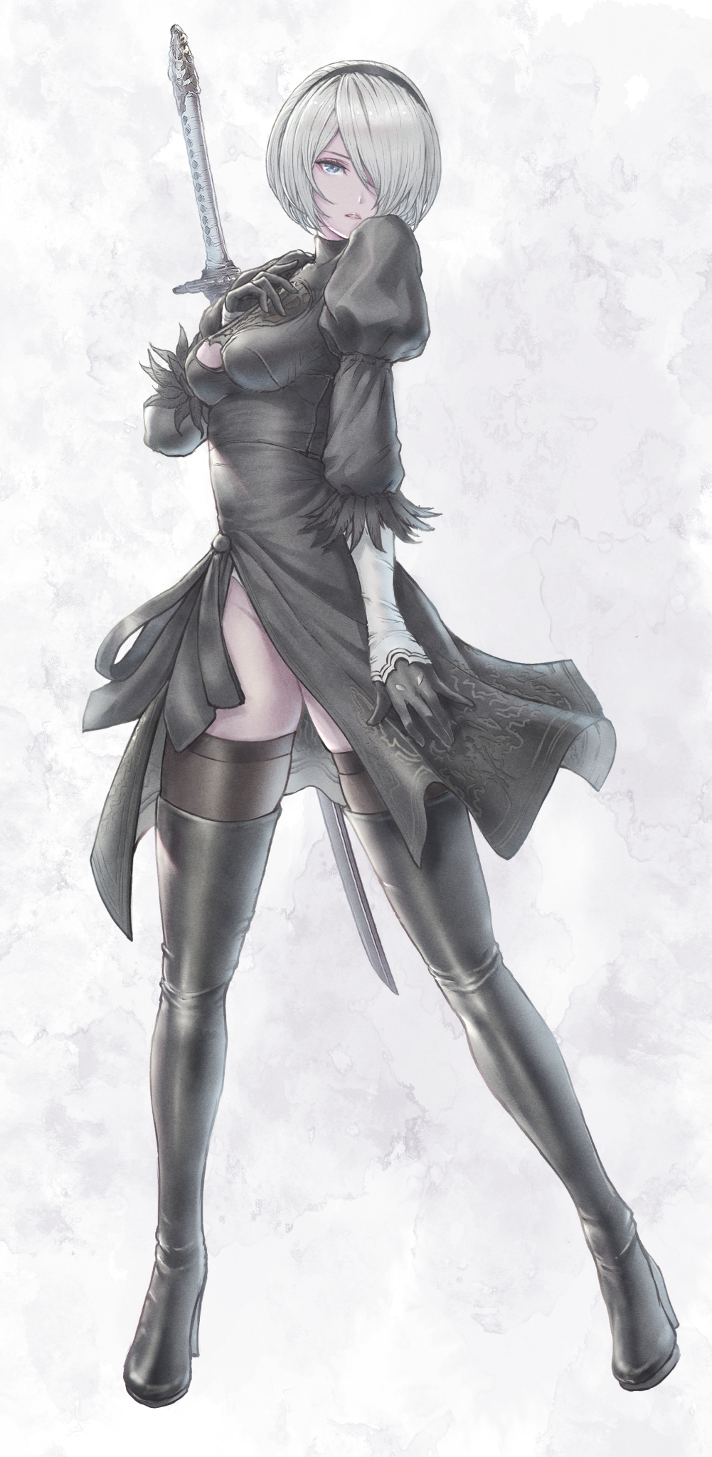 tomozoo83, 2b (nier:automata), nier:automata, nier (series), commentary, english commentary, highres, 1girl, black boots, black dress, black gloves, black hairband, black thighhighs, blue eyes, boots, breasts, cleavage, dress, feather-trimmed sleeves, full body, gloves, grey hair, hair over one eye, hairband, hand on own chest, high heel boots, high heels, juliet sleeves, leotard, leotard under clothes, lipgloss, long sleeves, looking at viewer, medium breasts, parted lips, puffy sleeves, short hair, side slit, skindentation, solo, standing, sword, sword on back, thigh boots, thighhighs, thighhighs under boots, turtleneck, turtleneck dress, weapon, weapon on back, white leotard