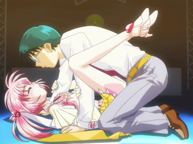 k-inaba, shione ai, i-doll, animated, animated gif, game cg, 1boy, 1girl, belt, blush, bouncing breasts, breasts, closed eyes, clothed sex, covering privates, flapper shirt, flat chest, from side, glasses, gloves, green hair, hair ribbon, hetero, legs, nipples, pink hair, ponytail, ribbon, sex, shirt, skirt, small breasts