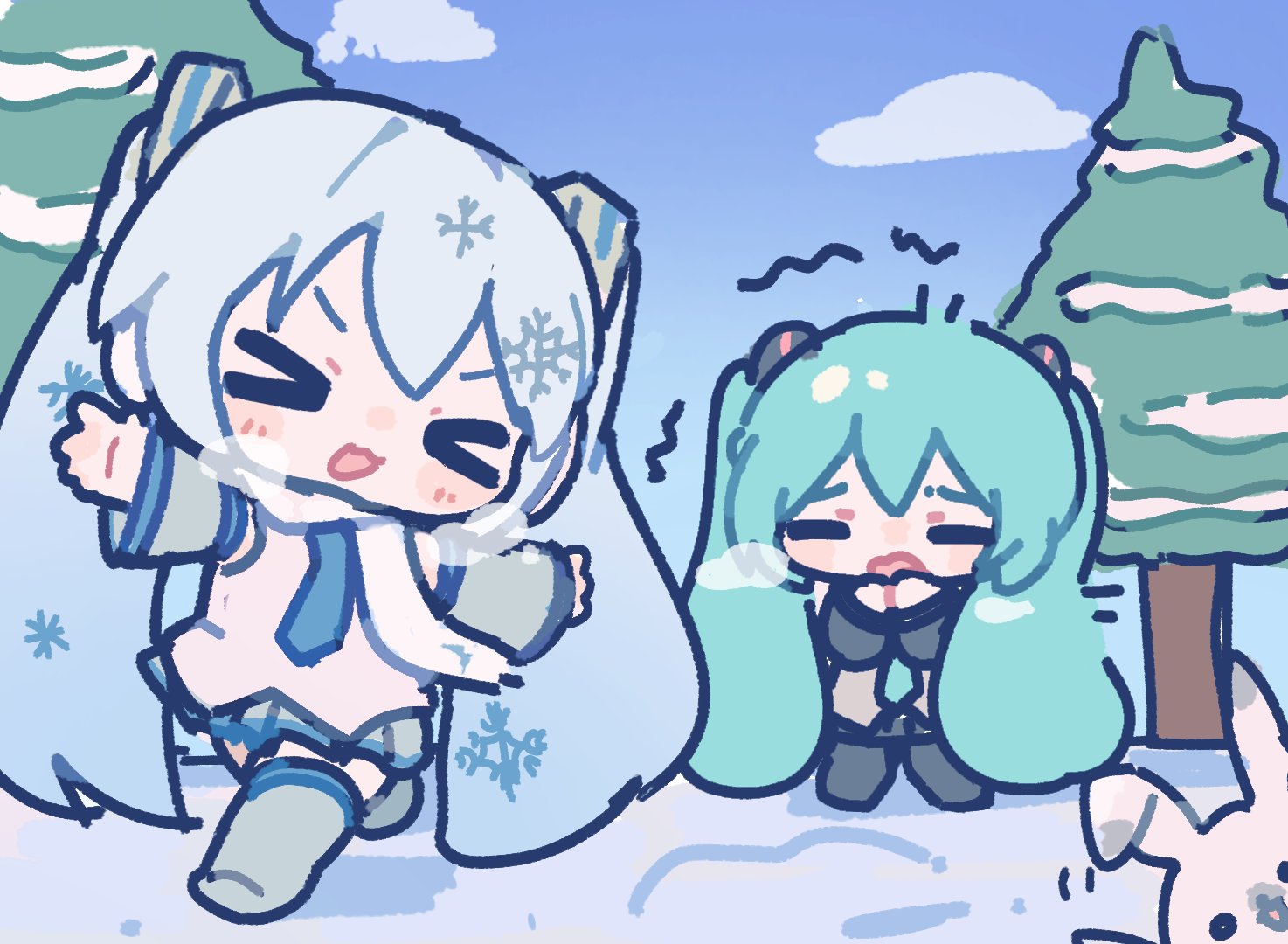 miratsu (miratsu169), hatsune miku, rabbit yukine, yuki miku, yuki miku (2011), vocaloid, commentary, symbol-only commentary, > <, 2girls, :3, animal, blue hair, boots, breath, chibi, chibi only, cold, day, detached sleeves, long hair, long sleeves, multiple girls, necktie, open mouth, outdoors, outstretched arms, pleated skirt, rabbit, scarf, shirt, skirt, sky, sleeveless, sleeveless shirt, smile, snow, tree, trembling, twintails, very long hair, walking