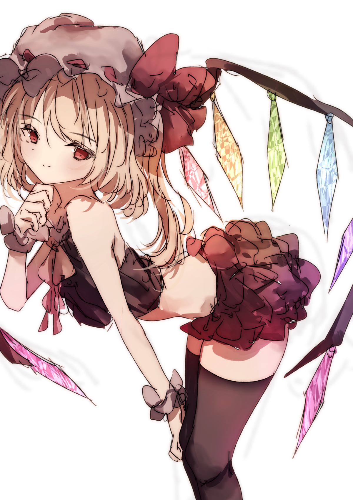 natsume suzuri, flandre scarlet, touhou, commentary request, highres, 1girl, alternate costume, blonde hair, bow, brown thighhighs, closed mouth, crop top, crystal, crystal wings, feet out of frame, grey hat, hat, hat bow, leaning forward, looking at viewer, midriff, mob cap, multicolored wings, one side up, red bow, red eyes, red skirt, simple background, skirt, smile, solo, thighhighs, white background, wings, wrist cuffs