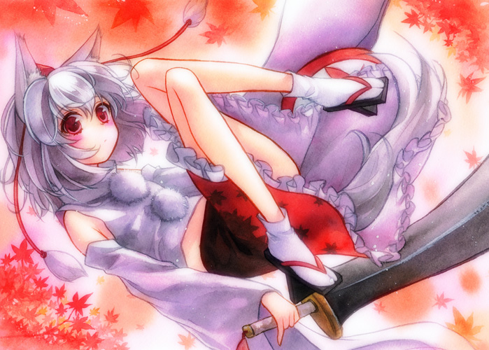 geroro, inubashiri momiji, touhou, silver hair, bad id, bad pixiv id, painting (medium), traditional media, watercolor (medium), 1girl, animal ears, detached sleeves, female focus, geta, hat, red eyes, short hair, solo, sword, tail, tengu-geta, tokin hat, weapon, wolf ears, wolf tail