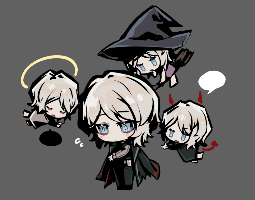 faust (project moon), limbus company, project moon, commentary, official art, 4girls, angel and devil, black coat, black pants, black vest, brown sweater, chibi, coat, demon horns, flying sweatdrops, grey background, halo, hat, horns, id card, long sleeves, multiple girls, multiple persona, pants, short hair, simple background, sweater, vest, white hair, witch hat