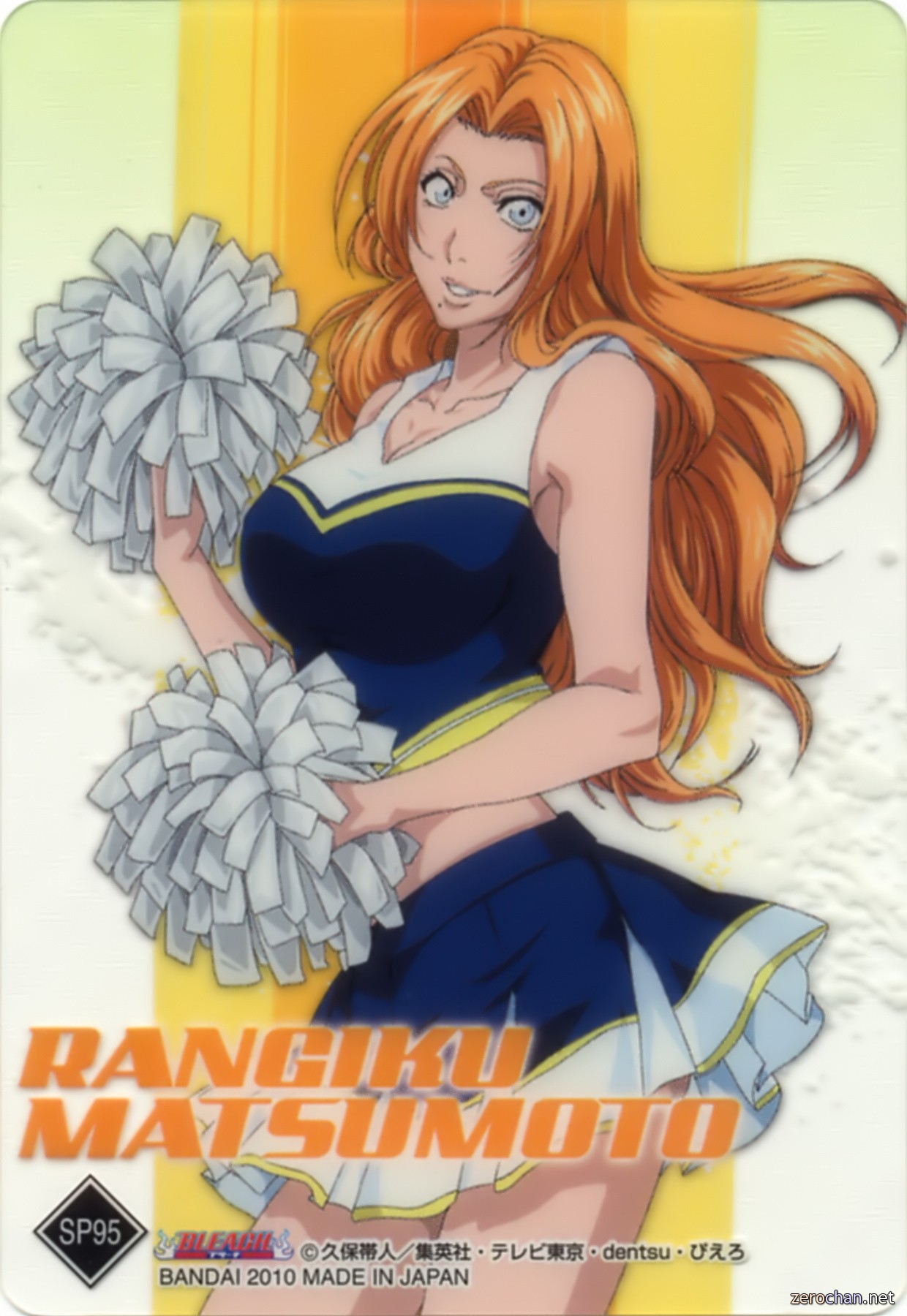 matsumoto rangiku, bleach, highres, official art, 1girl, blonde hair, blue eyes, breasts, cheerleader, female focus, huge breasts, large breasts, mole, mole under mouth, orange hair, pom pom (cheerleading), skirt, smile, solo, tan, watermark