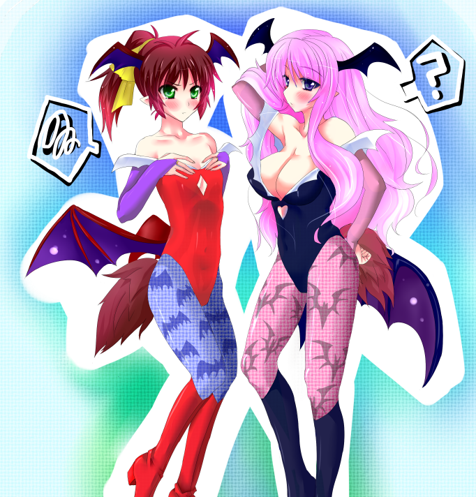 himeji mizuki, lilith (darkstalkers), morrigan aensland, shimada minami, baka to test to shoukanjuu, capcom, darkstalkers, 2girls, blush, breasts, cleavage, cosplay, demon girl, lilith (darkstalkers) (cosplay), morrigan aensland (cosplay), multiple girls, pointy ears, tail, wings