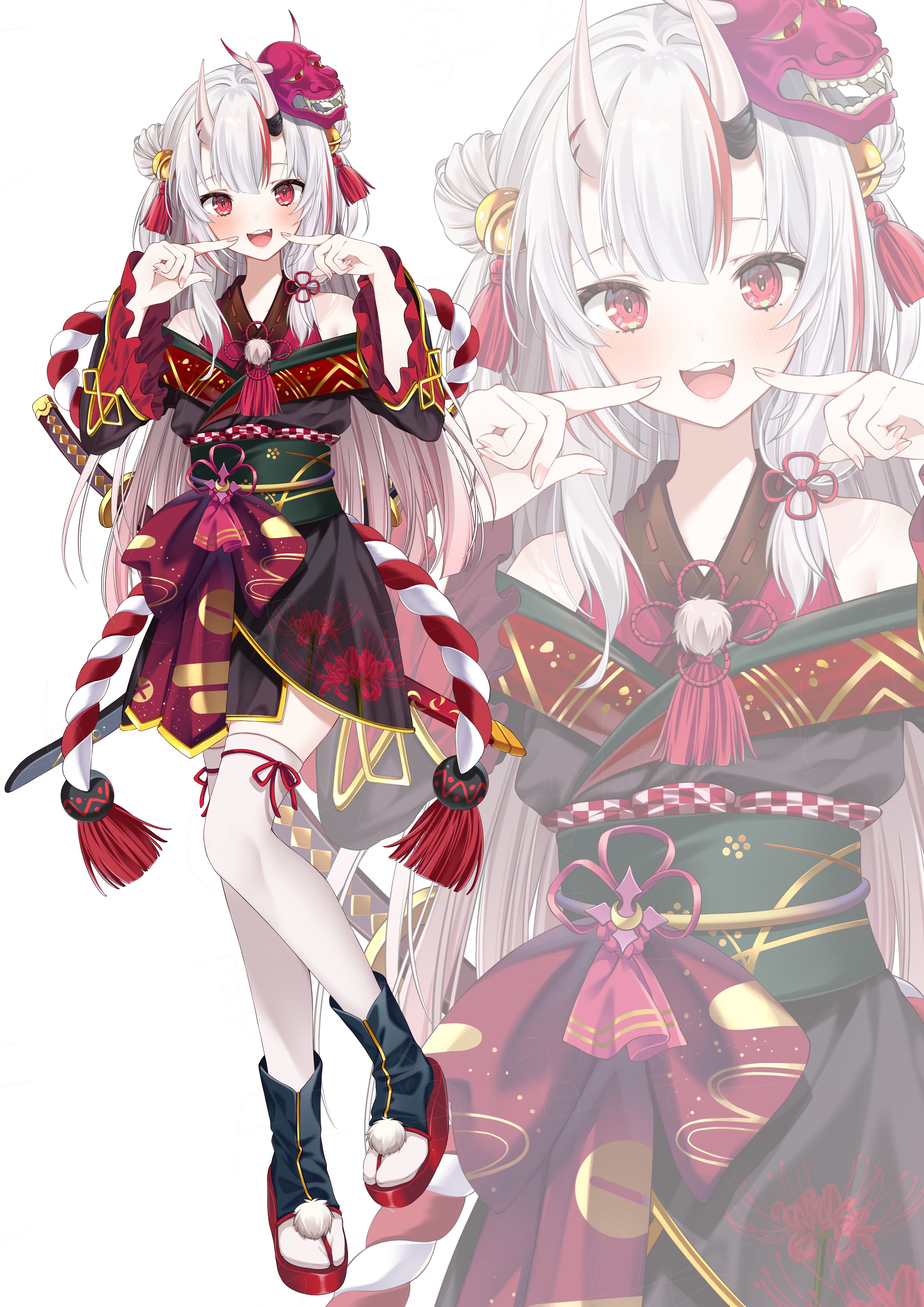 mamdtsubu, nakiri ayame, nakiri ayame (1st costume), hololive, absurdres, commentary, highres, symbol-only commentary, 1girl, :d, bell, black kimono, center-flap bangs, double bun, fang, frilled sleeves, frills, full body, gold trim, gradient hair, grey hair, hair bell, hair between horns, hair bun, hair ornament, horns, japanese clothes, jingle bell, katana, kimono, kouhaku nawa, long hair, long sleeves, mask, mask on head, multicolored hair, off shoulder, okobo, oni, oni mask, open mouth, platform sandals, red eyes, red hair, red kimono, red sandals, rope, sandals, sheath, sheathed, shimenawa, short kimono, skin-covered horns, smile, solo, streaked hair, sword, tabi, tassel, tassel hair ornament, teeth, thighhighs, two side up, upper teeth only, virtual youtuber, weapon, white thighhighs, wide sleeves, zoom layer